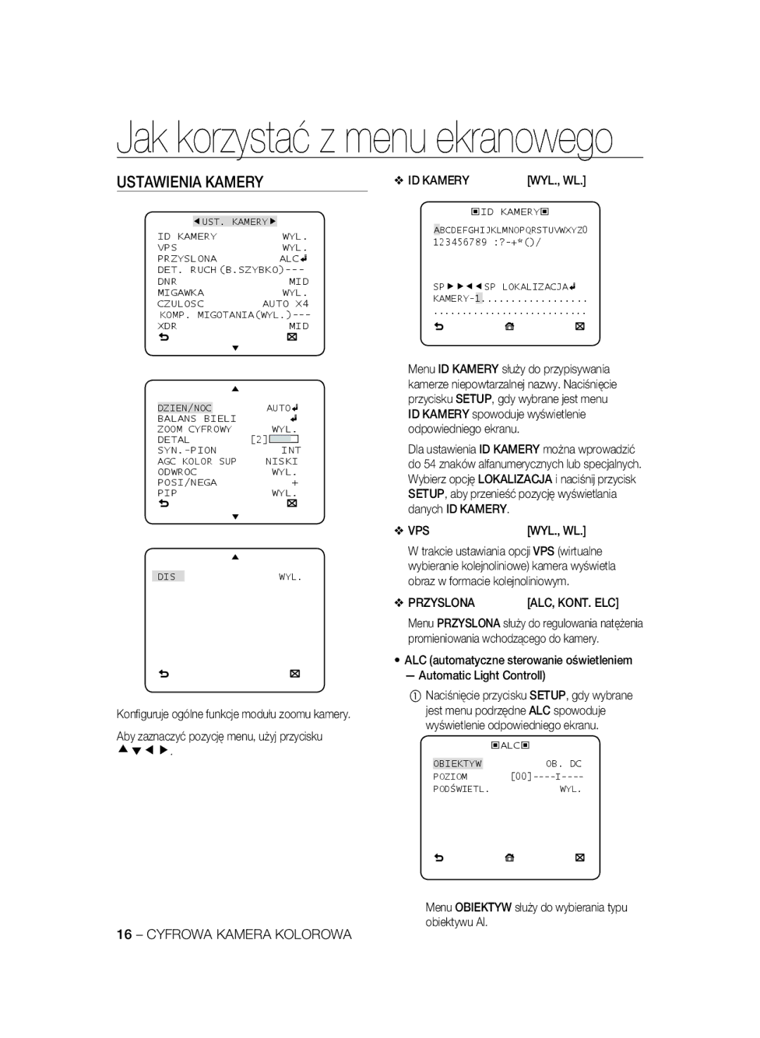 Samsung SCC-B2335P, SCC-B2035P manual Ustawienia Kamery, Aby zaznaczyć pozycję menu, użyj przycisku, Przyslona, ID Kamery 