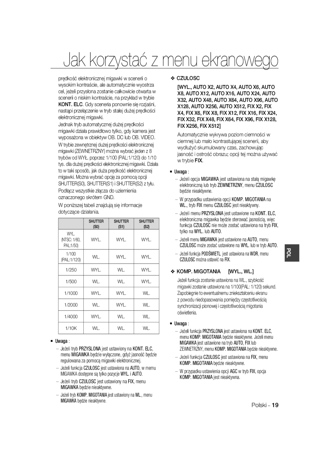 Samsung SCC-B2035P, SCC-B2335P manual Czulosc, KOMP. Migotania WYL., WL 