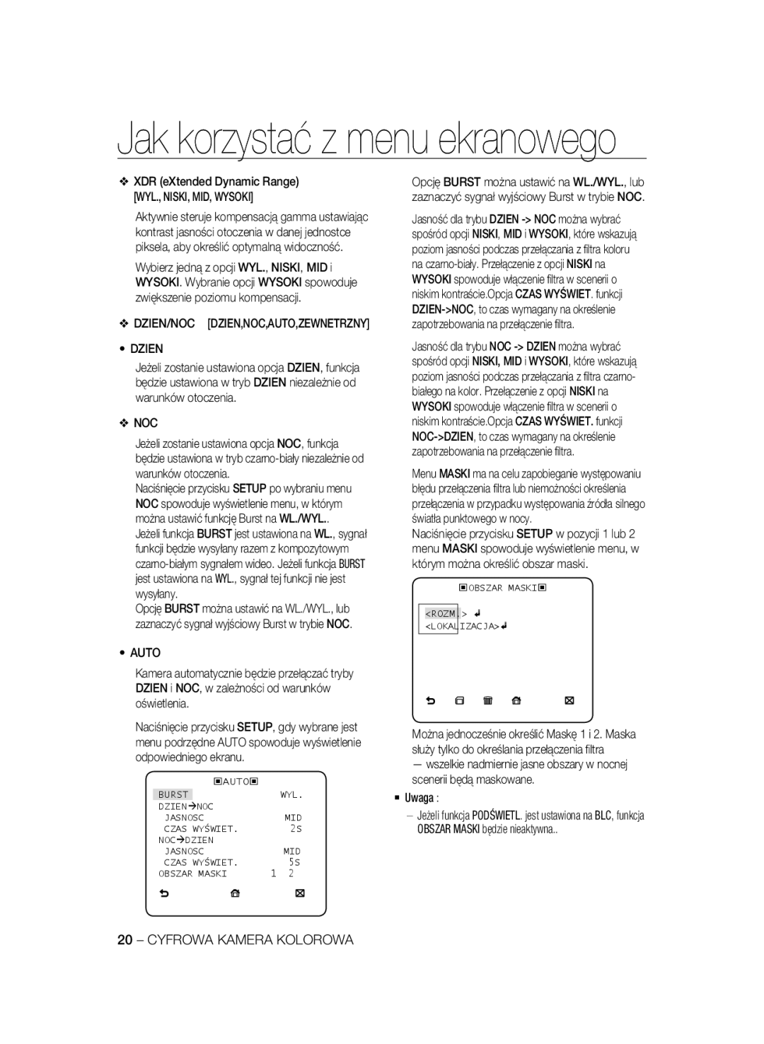 Samsung SCC-B2335P, SCC-B2035P manual Dzien/Noc Dzien,Noc,Auto,Zewnetrzny, ‹OBSZAR MASKI‹ ROZM. Lokalizacja 