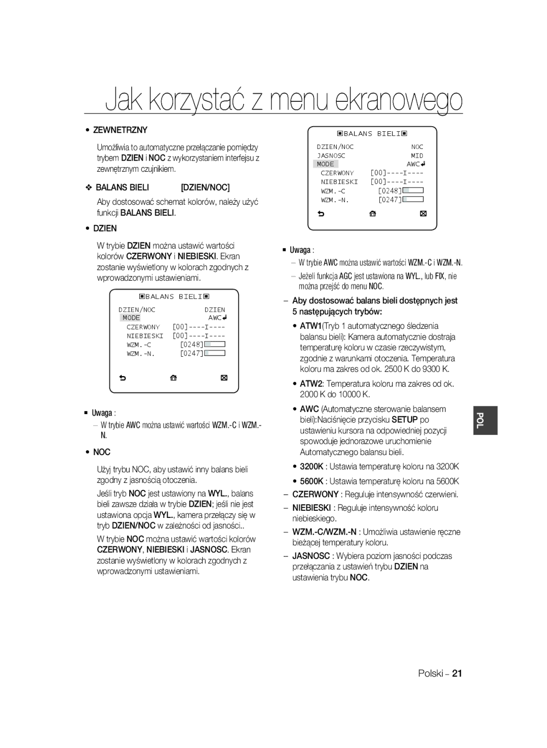 Samsung SCC-B2035P, SCC-B2335P manual Zewnetrzny, Balans Bieli 