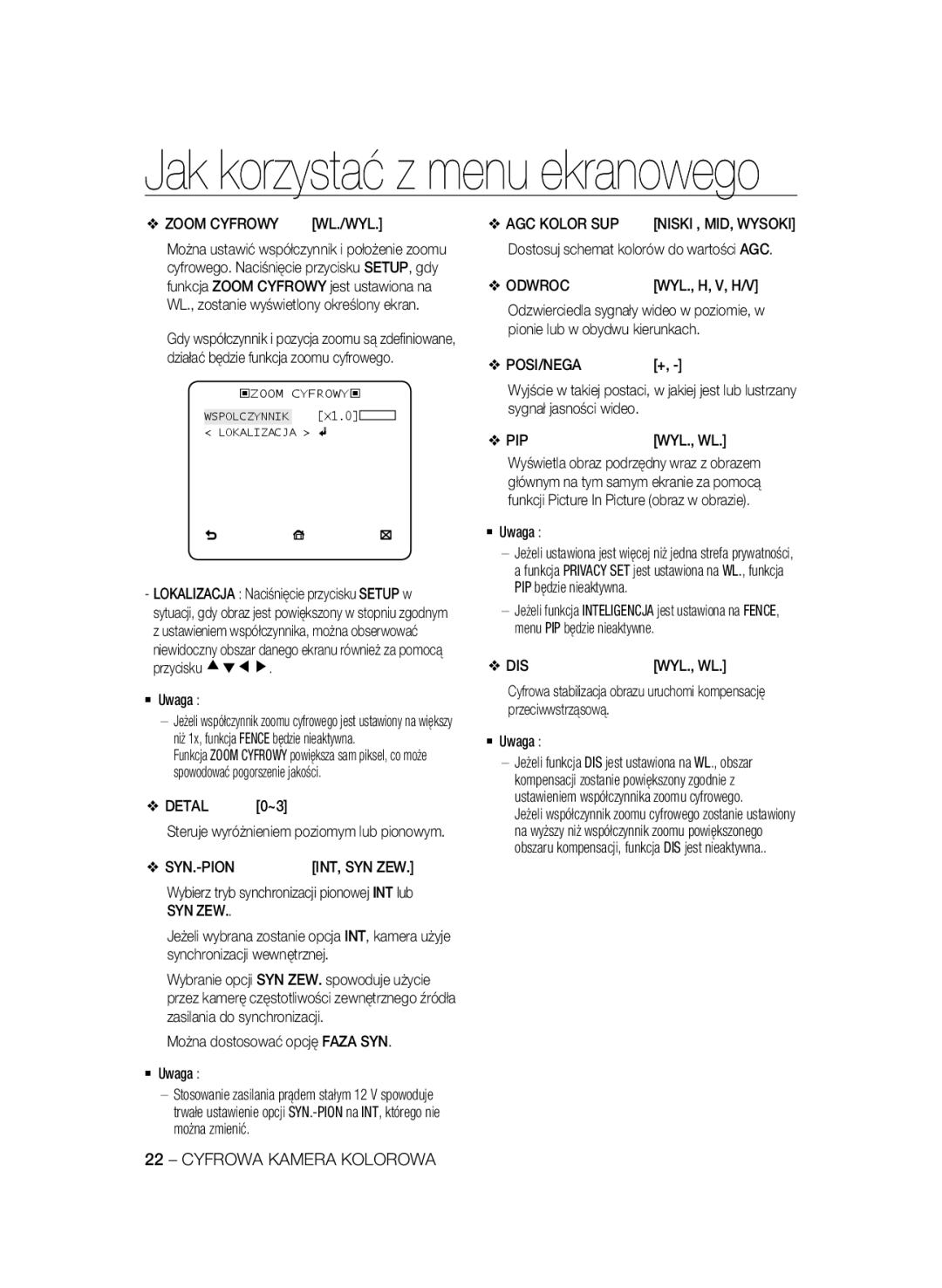 Samsung SCC-B2335P, SCC-B2035P manual Zoom Cyfrowy, Syn.-Pion, Syn Zew, AGC Kolor SUP, Odwrocwyl., H, V, H/V 