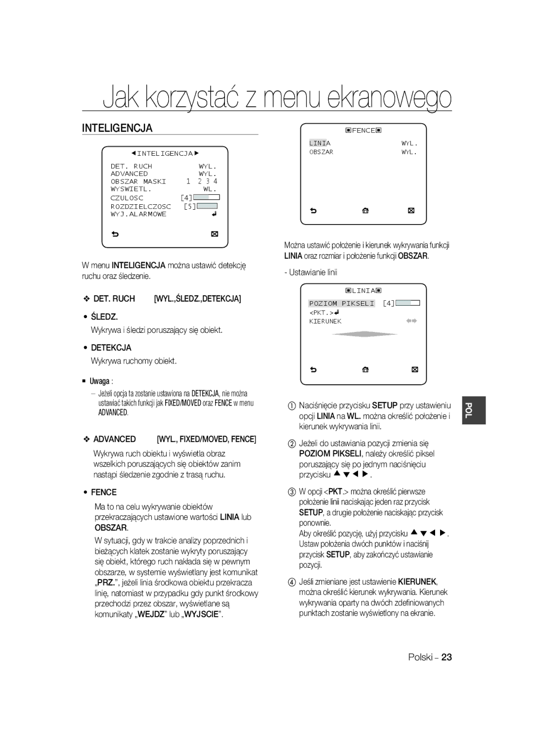 Samsung SCC-B2035P, SCC-B2335P manual Inteligencja, Śledz, Detekcja, Obszar 