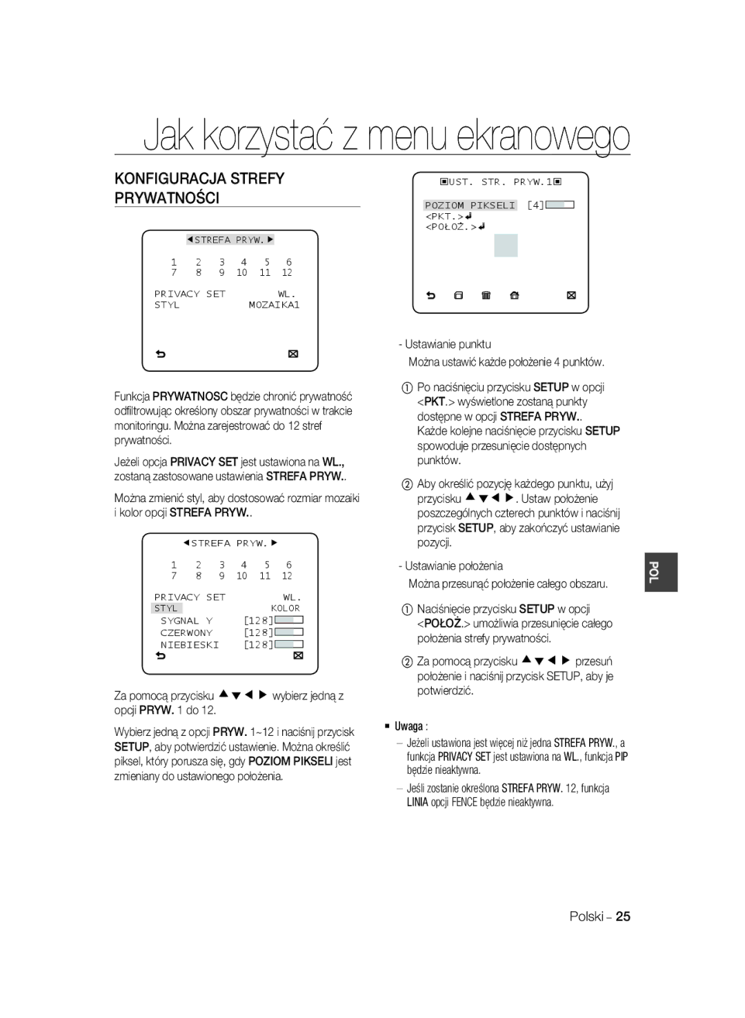 Samsung SCC-B2035P manual Za pomocą przycisku cdef wybierz jedną z opcji Pryw do, Ustawianie punktu, Ustawianie położenia 