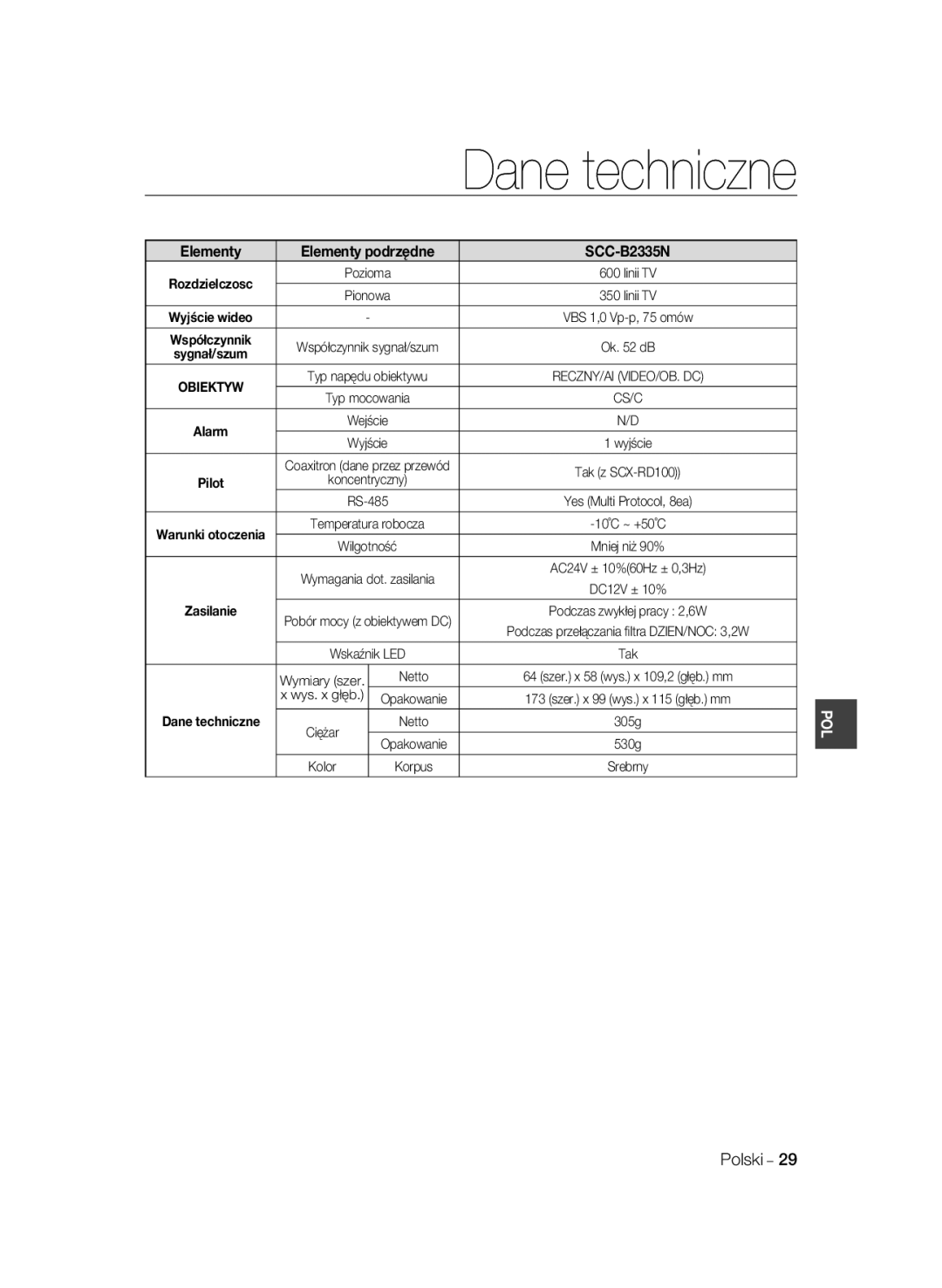 Samsung SCC-B2035P, SCC-B2335P manual Dane techniczne 