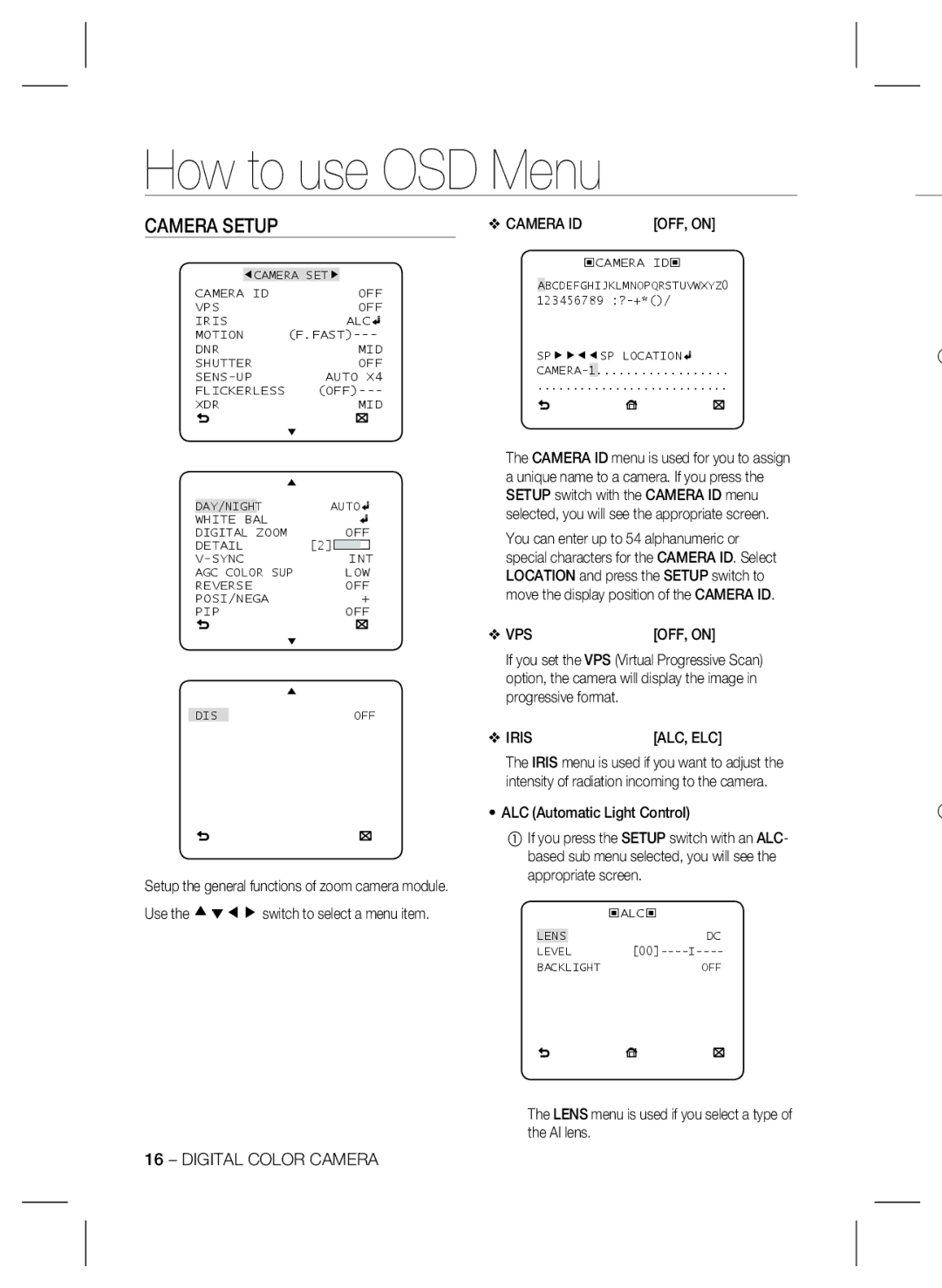 Samsung SCC-B2335P user manual OFF, on, Vps, Iris, Lens menu is used if you select a type of the AI lens 