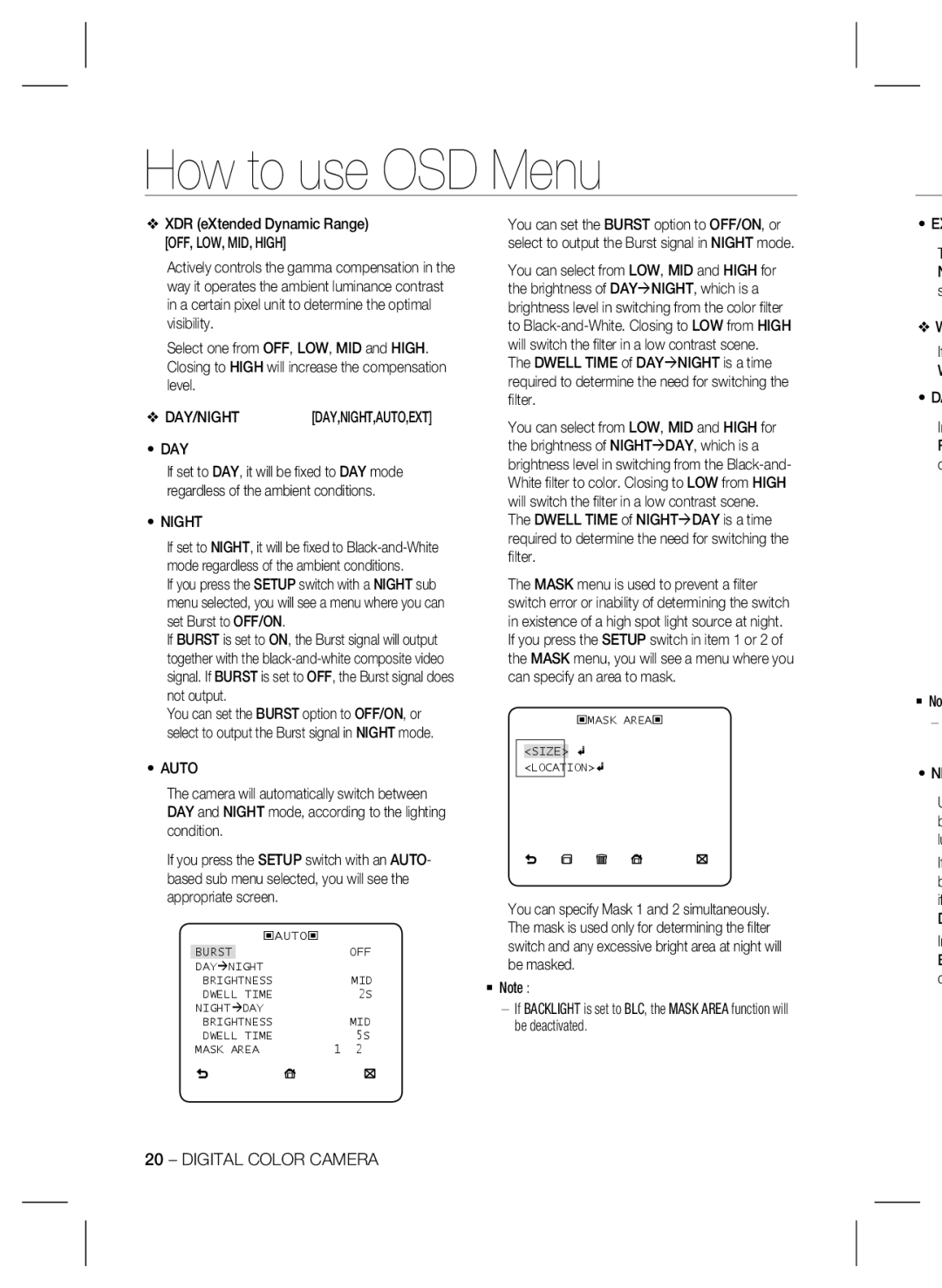 Samsung SCC-B2335P user manual Day, Night, Auto 