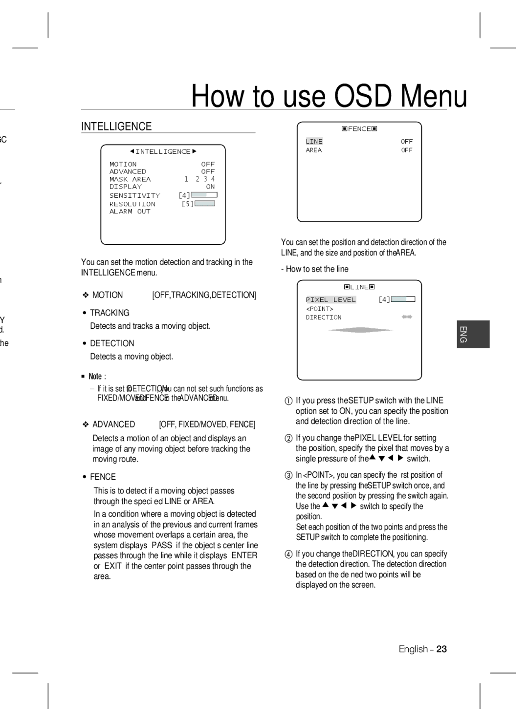 Samsung SCC-B2335P user manual Intelligence, Tracking, Detection, Advanced, Fence 