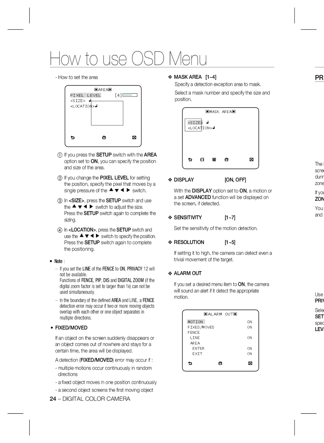 Samsung SCC-B2335P user manual Pri, Fixed/Moved, Display, Sensitivity, Resolution, Alarm OUT 