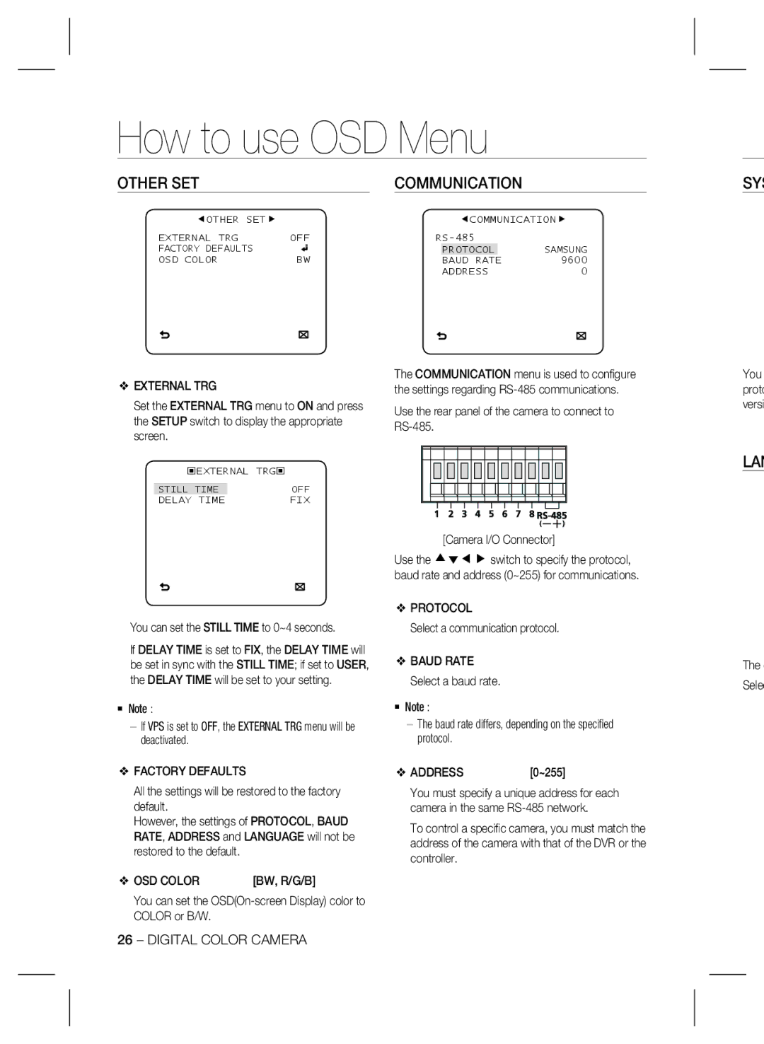 Samsung SCC-B2335P user manual Other SET Communication 