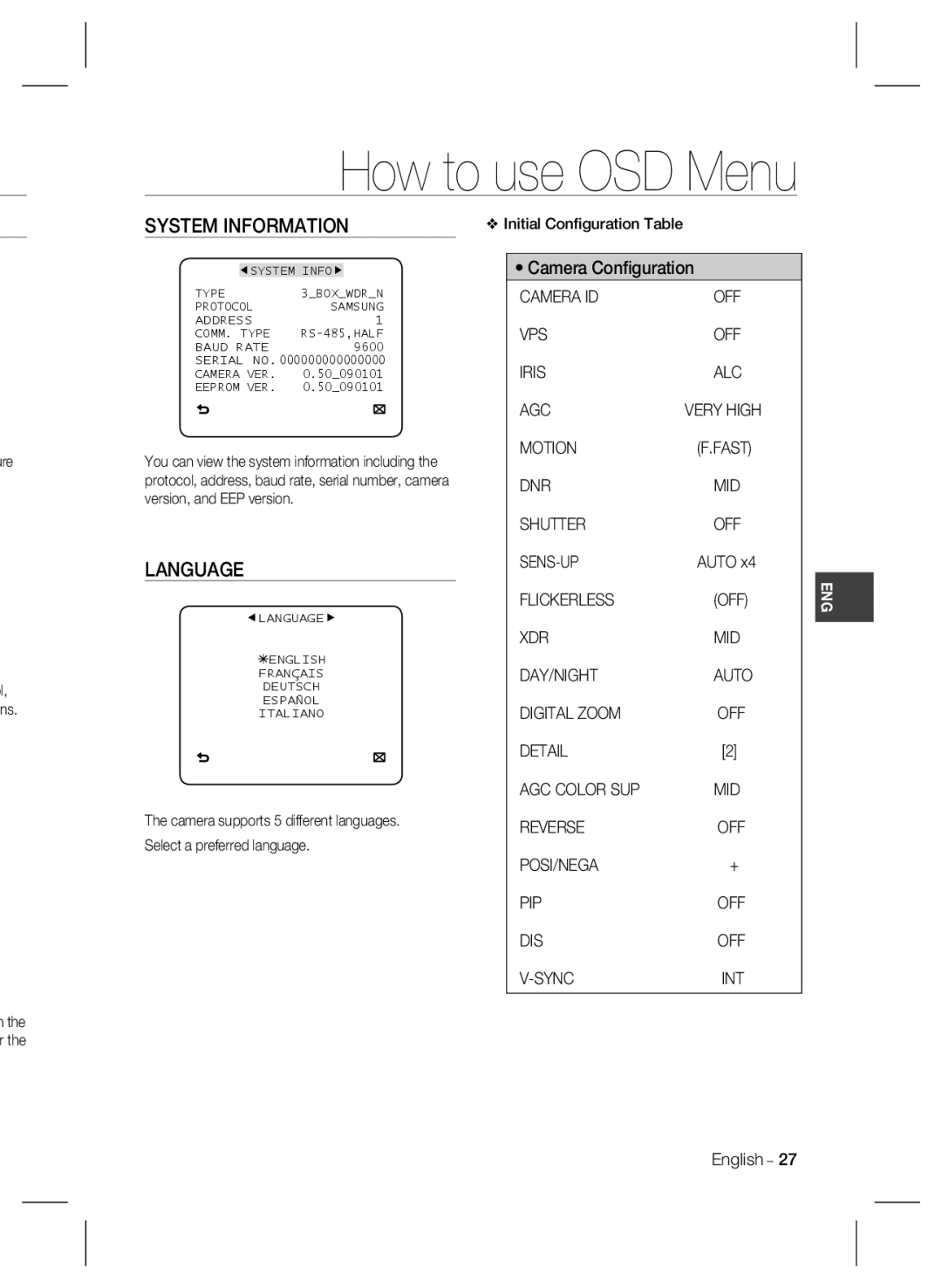 Samsung SCC-B2335P user manual System Information, Language 