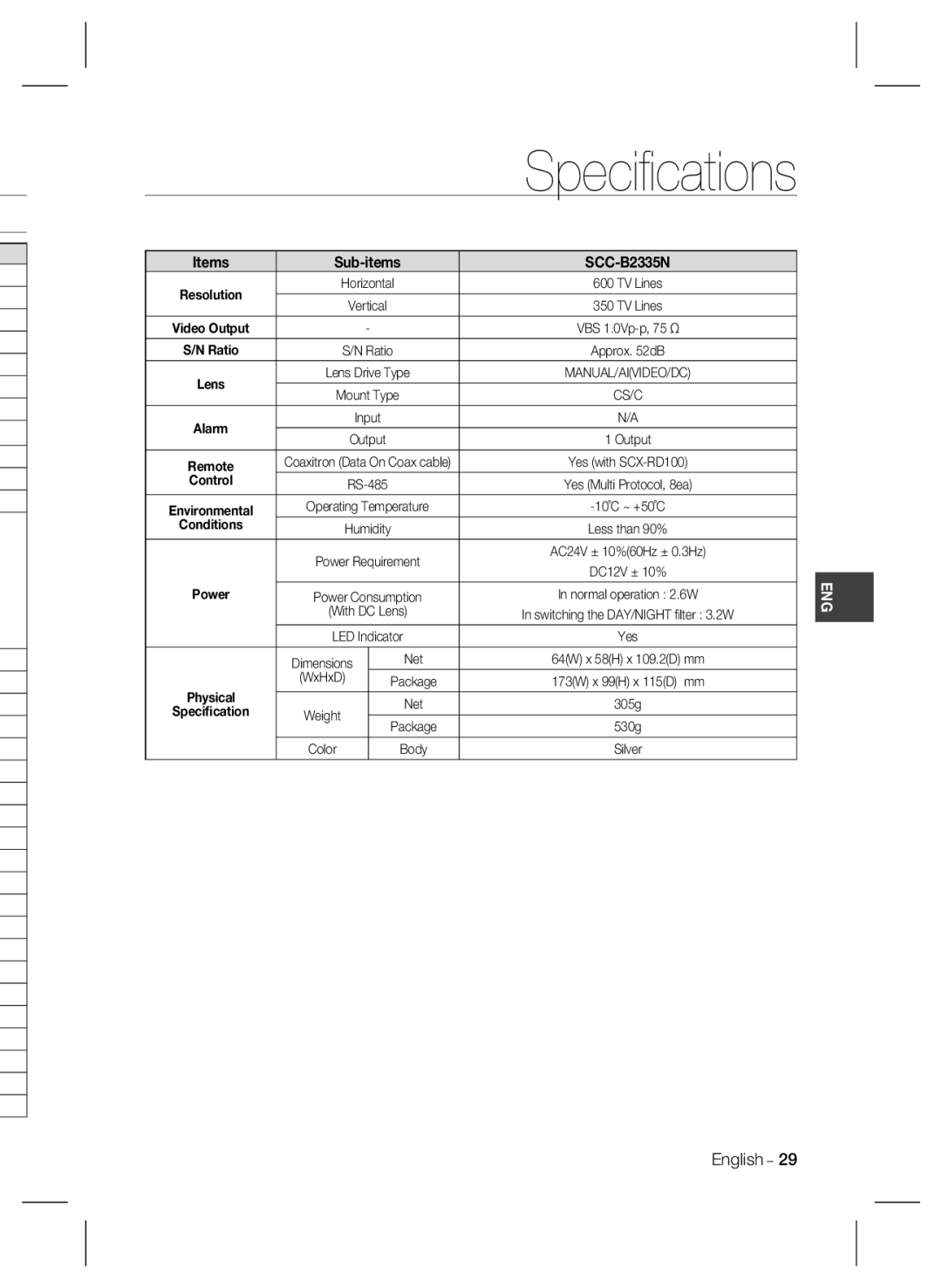 Samsung SCC-B2335P user manual Items Sub-items SCC-B2335N 