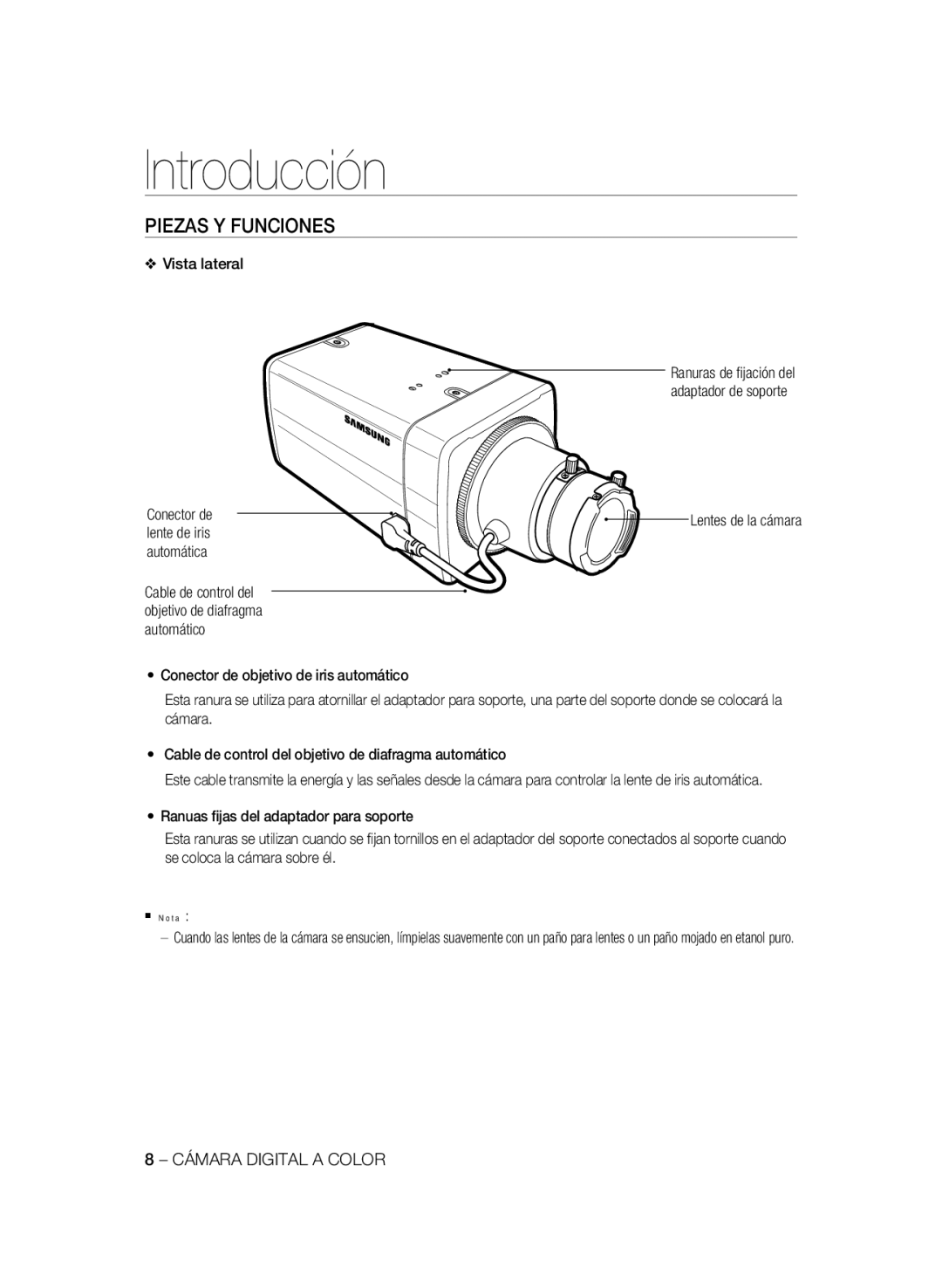 Samsung SCC-B2337P, SCC-B2037P manual Piezas Y Funciones, Vista lateral, Conector de, Lente de iris 