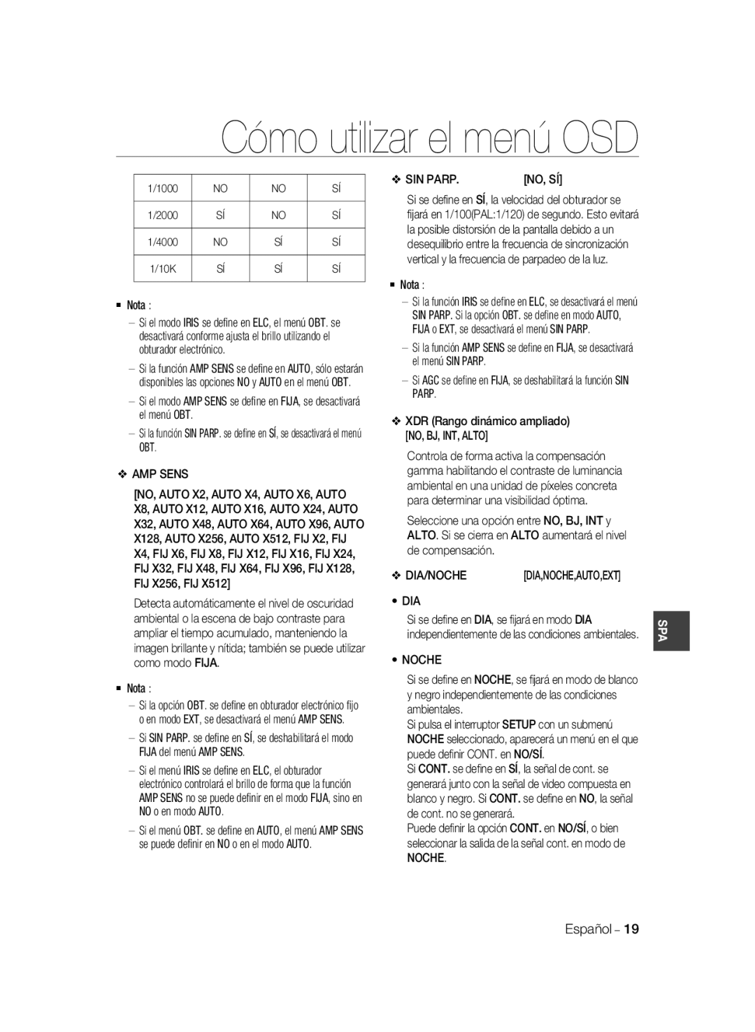 Samsung SCC-B2037P, SCC-B2337P manual AMP Sens, SIN Parp, Dia, Noche, 1000 2000 4000 10K 