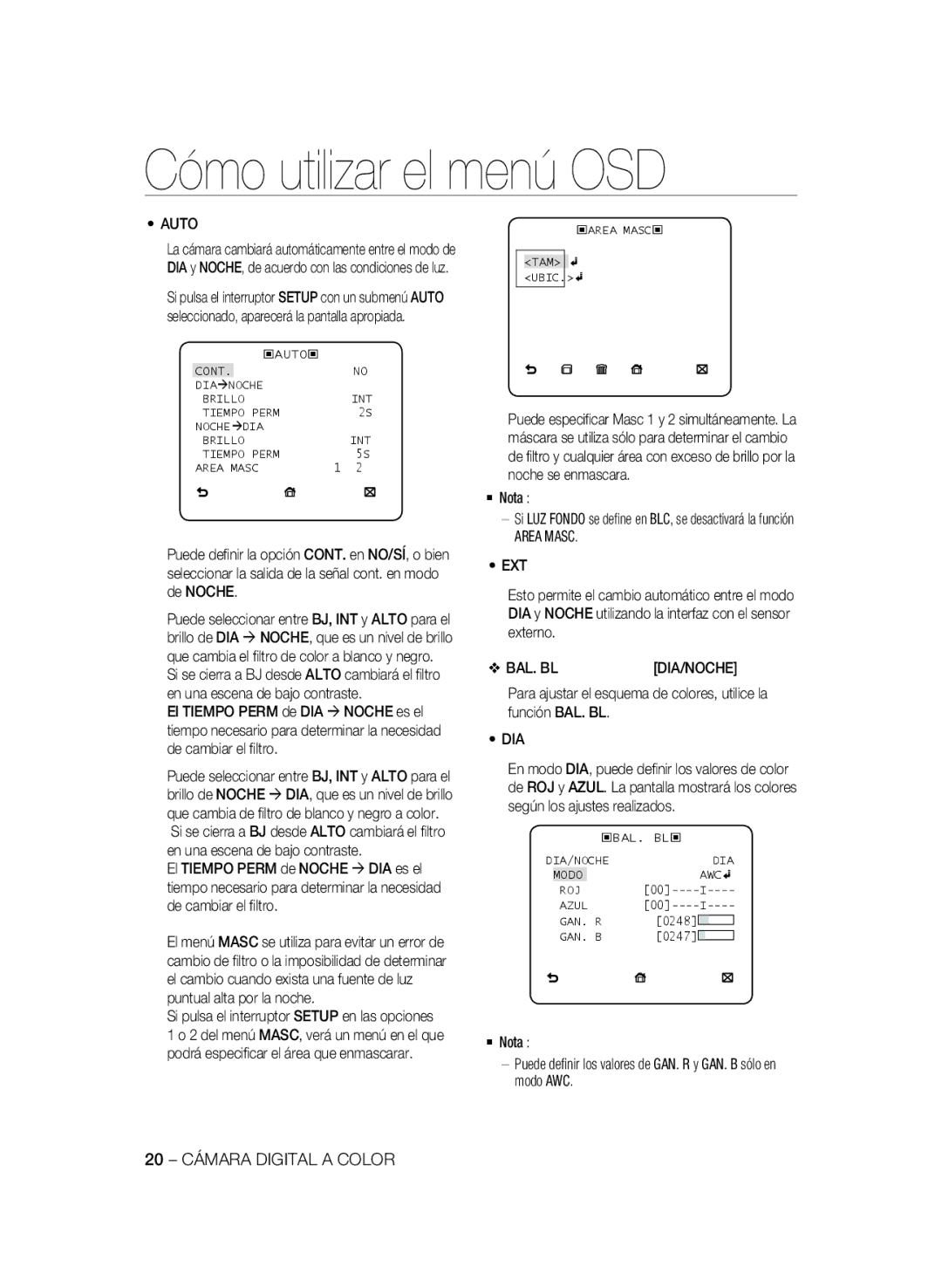 Samsung SCC-B2337P, SCC-B2037P manual Area Masc EXT, 20 Cámara Digital a Color, Dia/Noche 