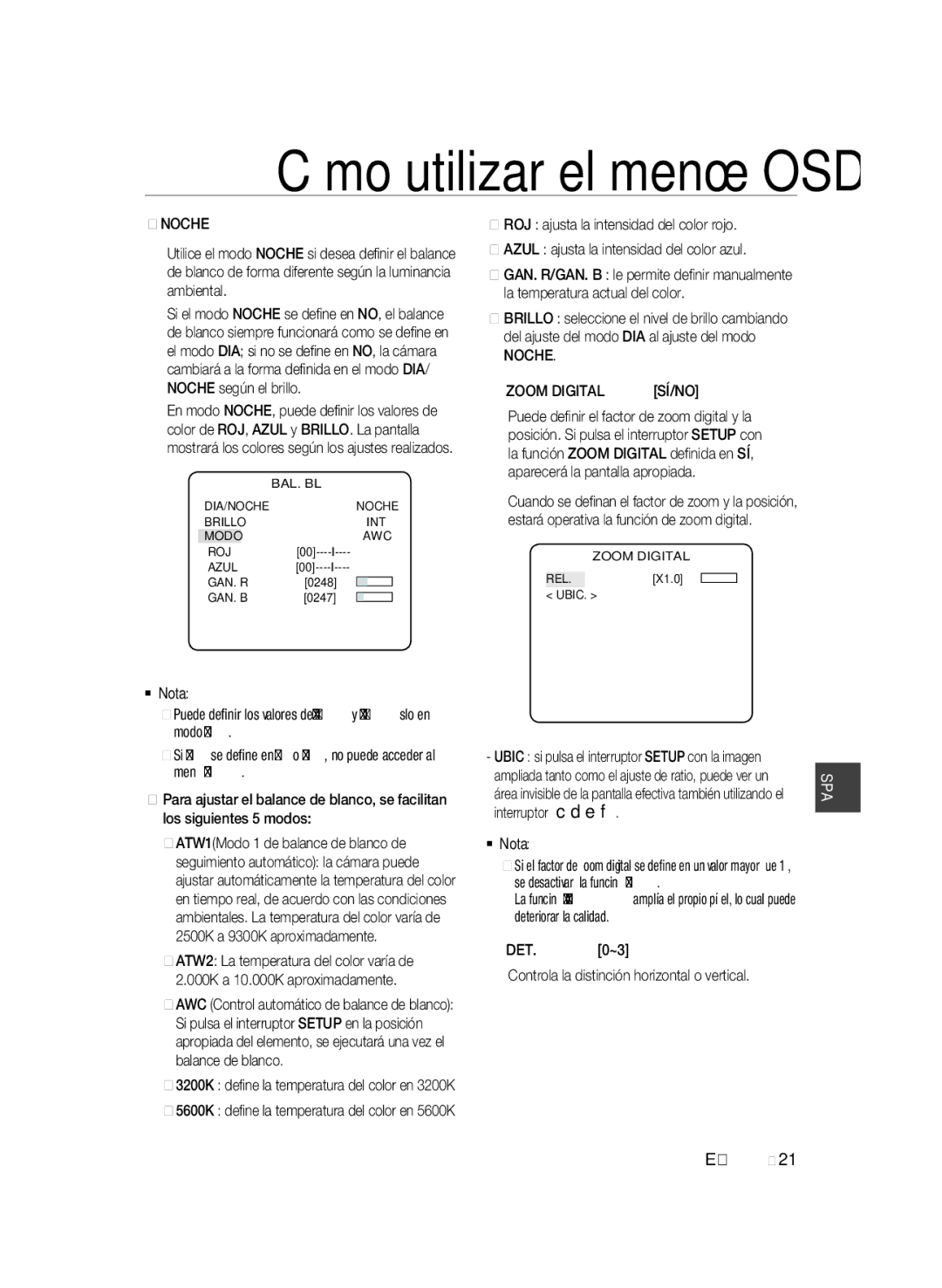 Samsung SCC-B2037P manual Noche Zoom Digital, Interruptor cdef  Nota, DIA/NOCHE Noche Brillo INT Modo AWC ROJ Azul GAN. R 