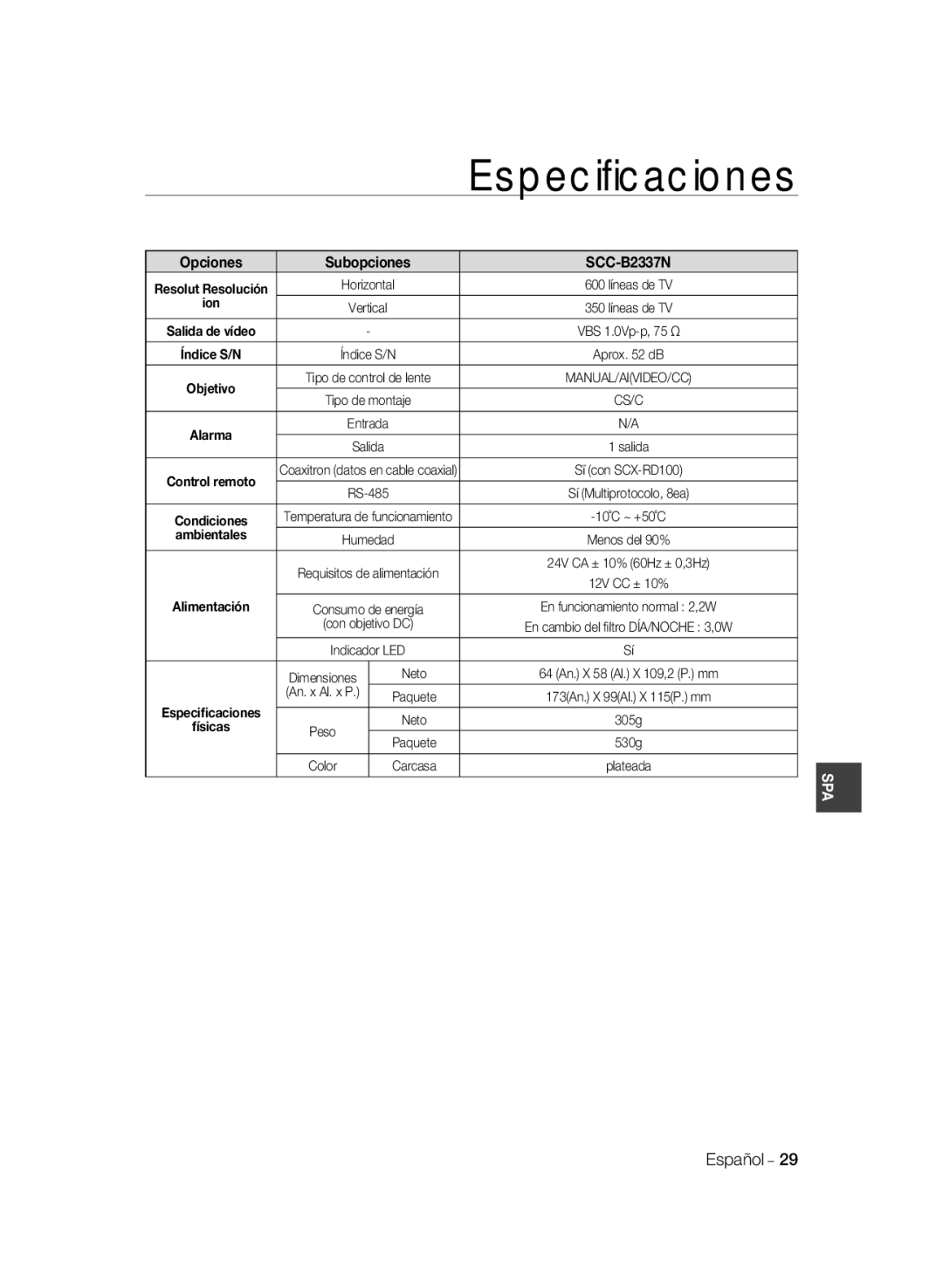 Samsung SCC-B2037P, SCC-B2337P manual Opciones, SCC-B2337N 