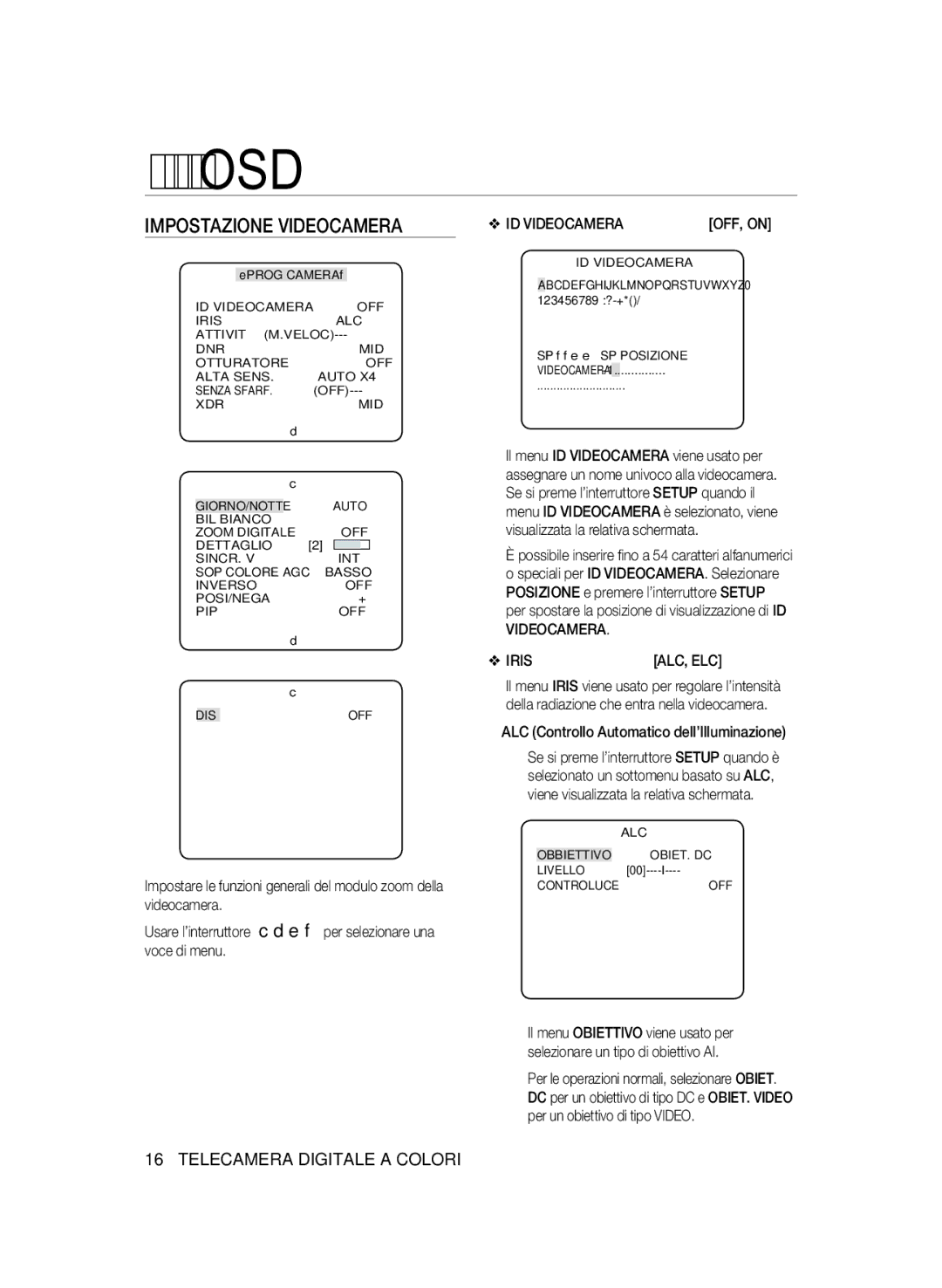 Samsung SCC-B2337P manual Impostazione Videocamera, ID VIDEOCAMERAOFF, on, ALC Controllo Automatico dell’Illuminazione 