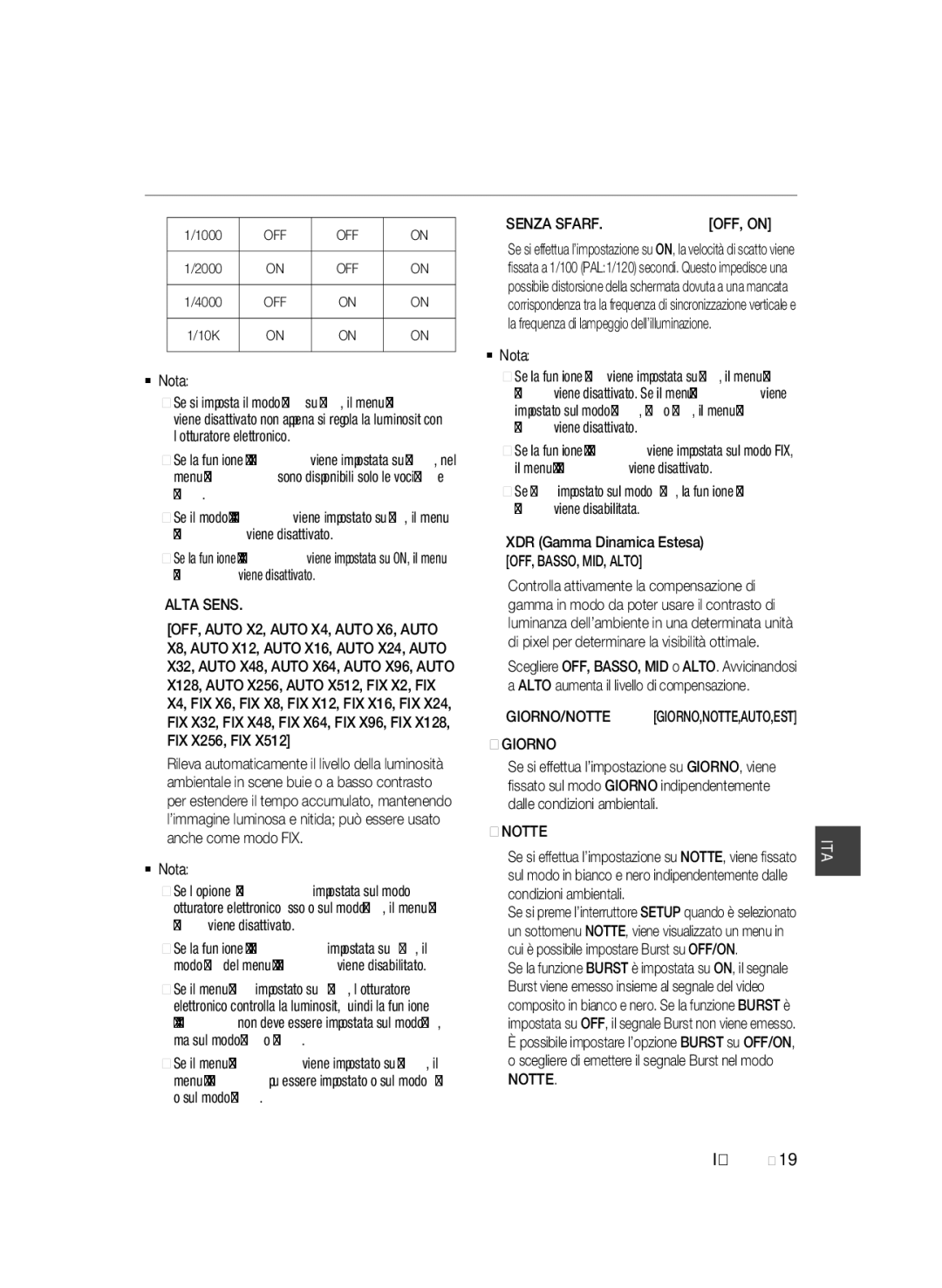 Samsung SCC-B2037P, SCC-B2337P manual Alta Sens, Senza Sfarf, Giorno, Notte 