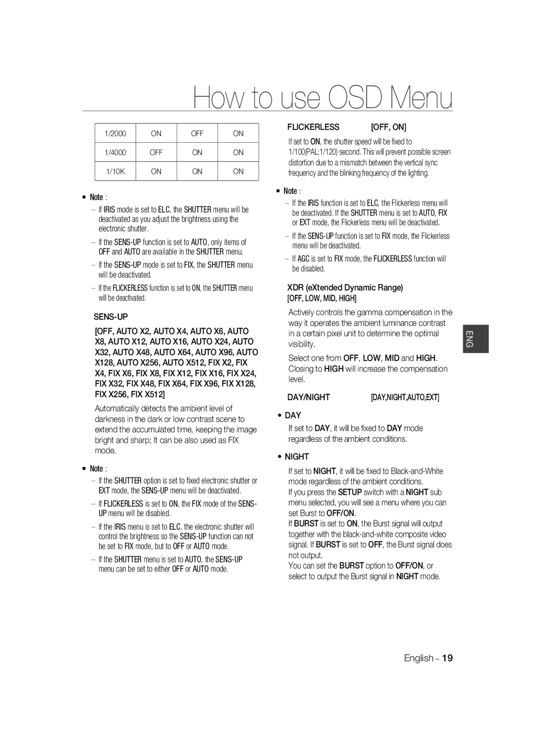 Samsung SCC-B2037P, SCC-B2337P manual Sens-Up, Flickerless, Day, Night 