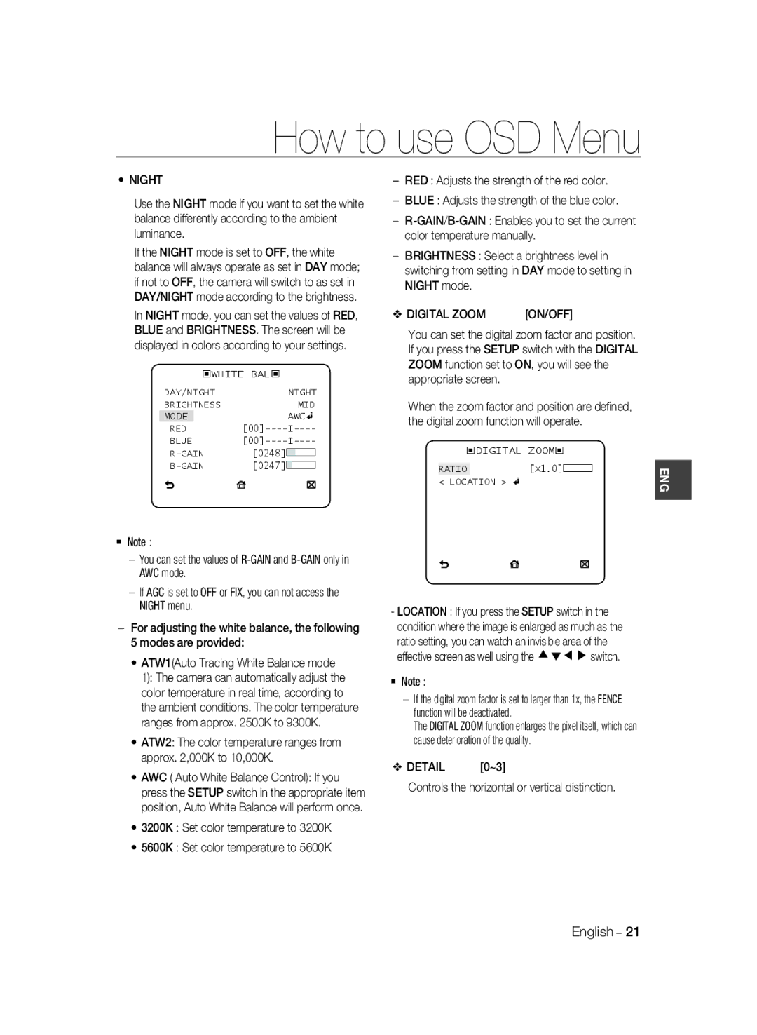 Samsung SCC-B2037P Digital Zoom, Modes are provided, For adjusting the white balance, the following, ‹DIGITAL ZOOM‹ Ratio 