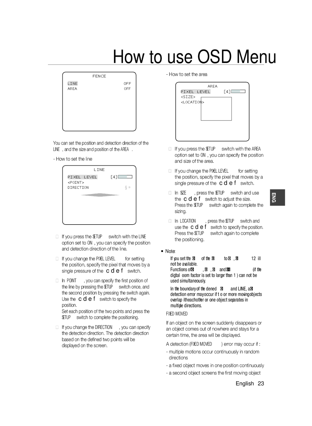 Samsung SCC-B2037P, SCC-B2337P manual How to set the line, How to set the area, Sizing, Fixed/Moved 