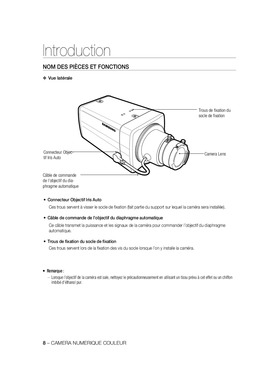 Samsung SCC-B2337P, SCC-B2037P manual NOM DES Pièces ET Fonctions, Vue latérale, Connecteur Objectif Iris Auto, Camera Lens 