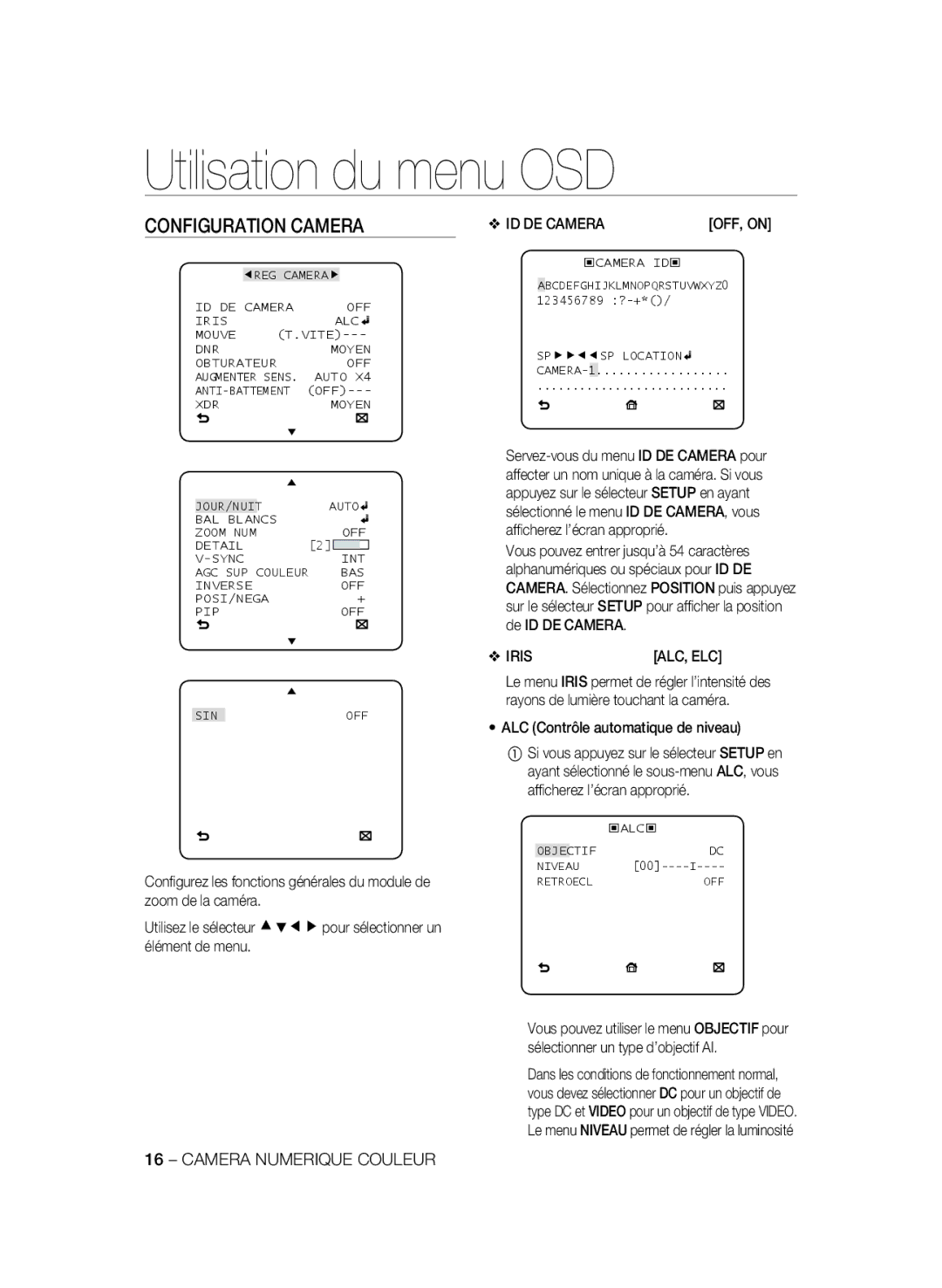 Samsung SCC-B2337P, SCC-B2037P manual Configuration Camera, ID DE CAMERAOFF, on, ALC Contrôle automatique de niveau 