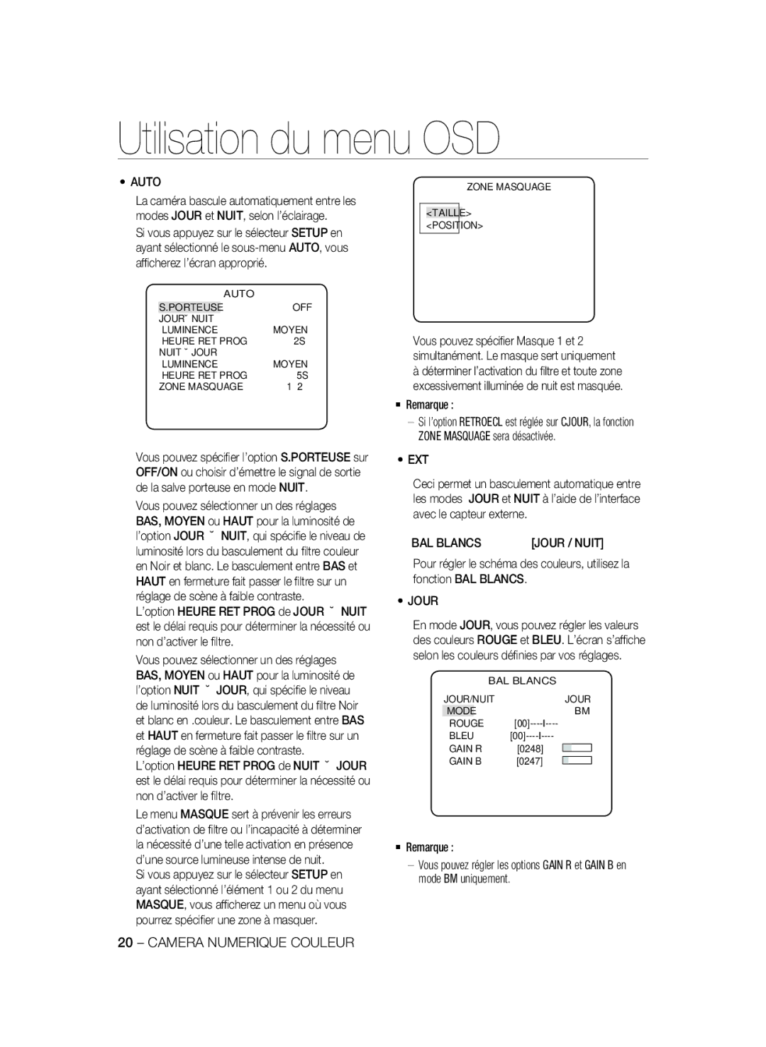 Samsung SCC-B2337P manual ‹ZONE MASQUAGE‹ Taille Position, ‹BAL Blancs ‹ JOUR/NUIT Jour Mode Rouge Bleu Gain R, Gain B 