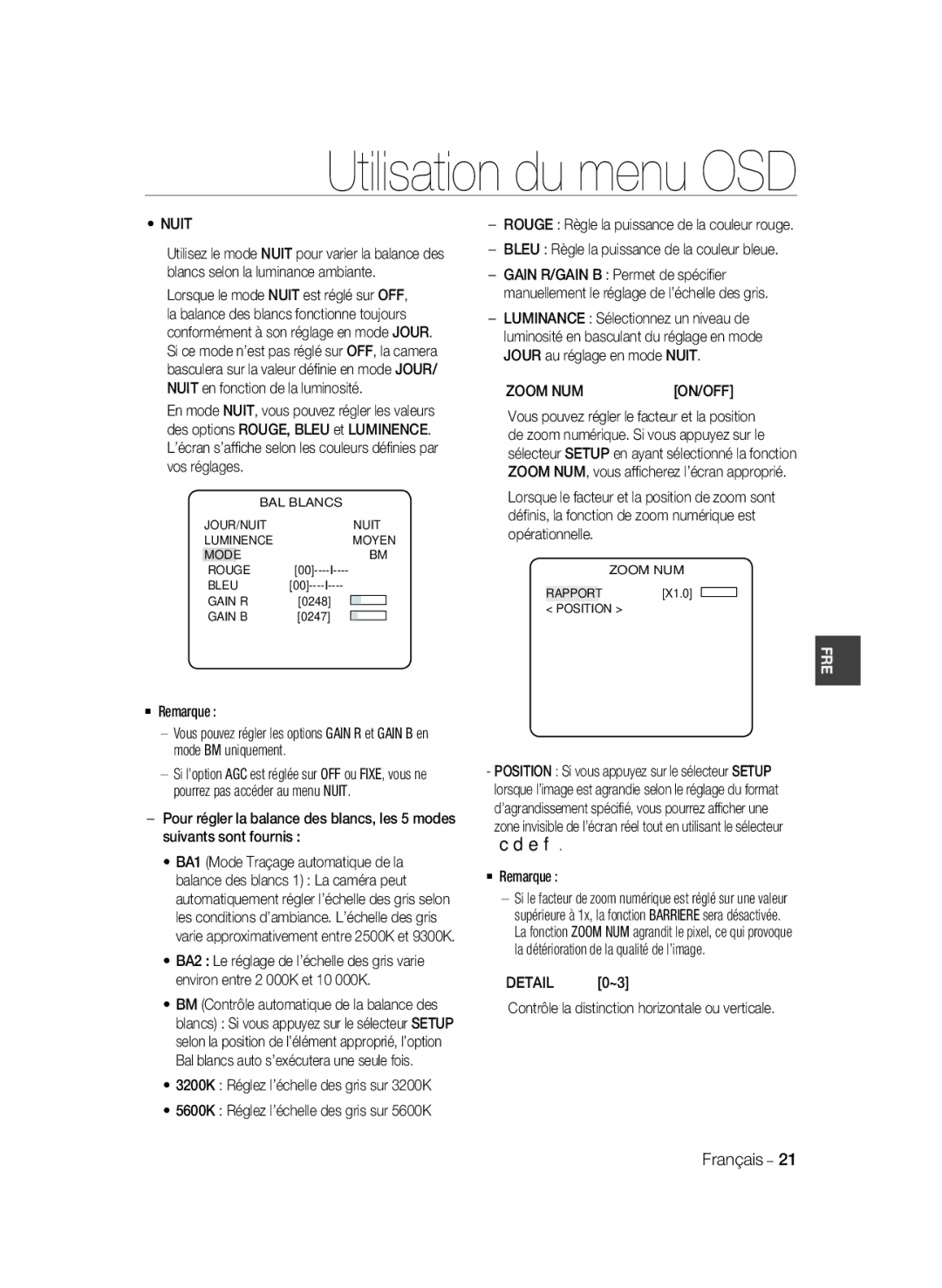 Samsung SCC-B2037P, SCC-B2337P Bleu Règle la puissance de la couleur bleue, Zoom NUM, ‹ZOOM NUM‹ Rapport X1.0 Position 