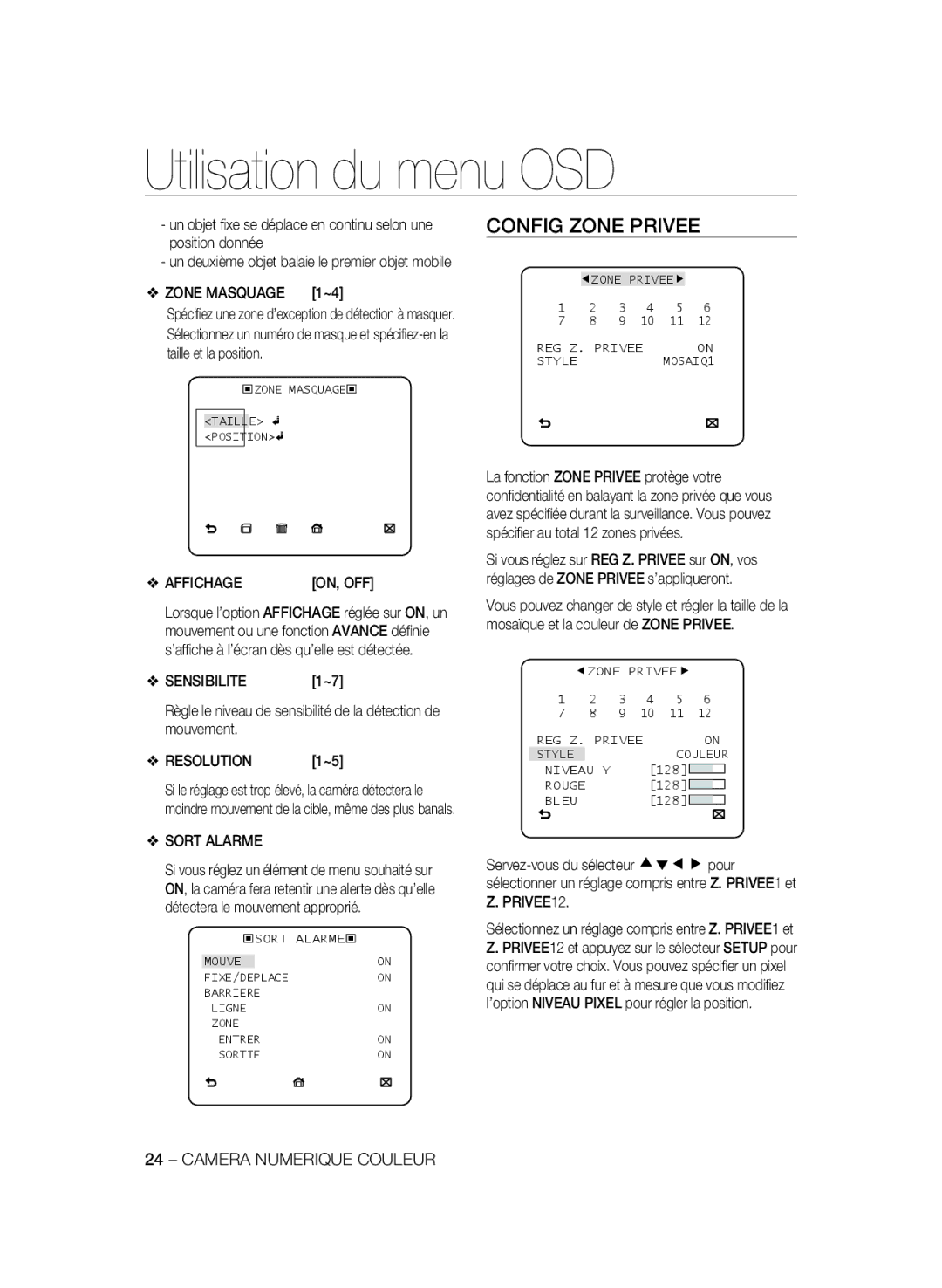 Samsung SCC-B2337P, SCC-B2037P manual Config Zone Privee, Zone Masquage 1~4, Affichage, Sensibilite, Sort Alarme 