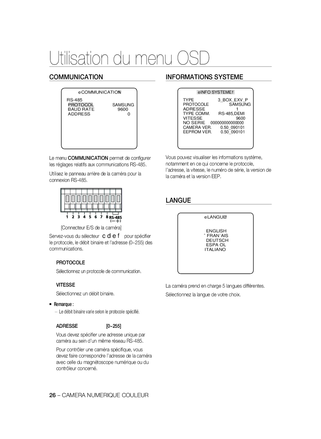 Samsung SCC-B2337P, SCC-B2037P manual Informations Systeme, Langue, Protocole, Vitesse, Adresse 