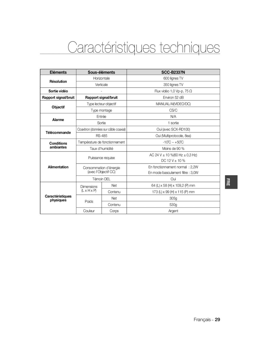 Samsung SCC-B2037P, SCC-B2337P manual Ambiantes, Alimentation, H x P, Caractéristiques 