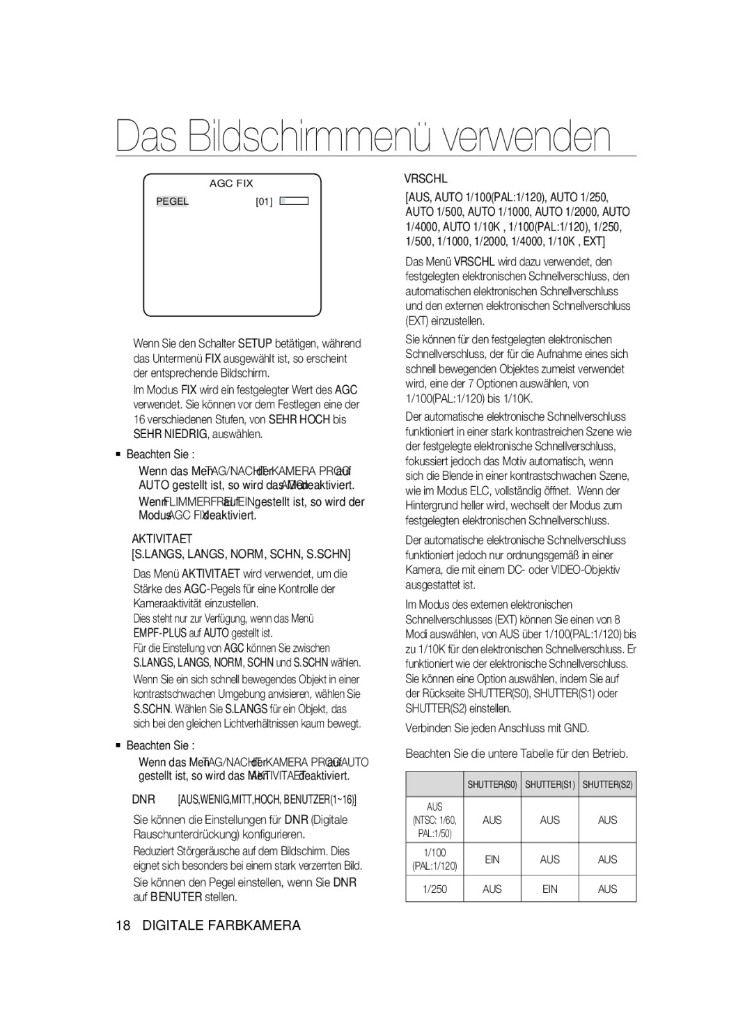 Samsung SCC-B2337P, SCC-B2037P manual Aktivitaet LANGS, LANGS, NORM, SCHN, S.SCHN, Vrschl, Aus 