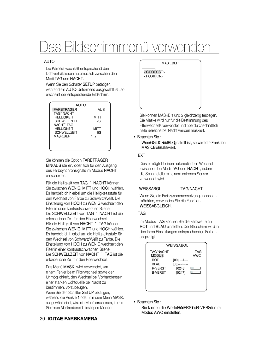 Samsung SCC-B2337P Weissabgleich TAG, ‹MASK.BER.‹ Groesse Position, ‹WEISSABGL‹ TAG/NACHT Modus AWC ROT Blau Verst 