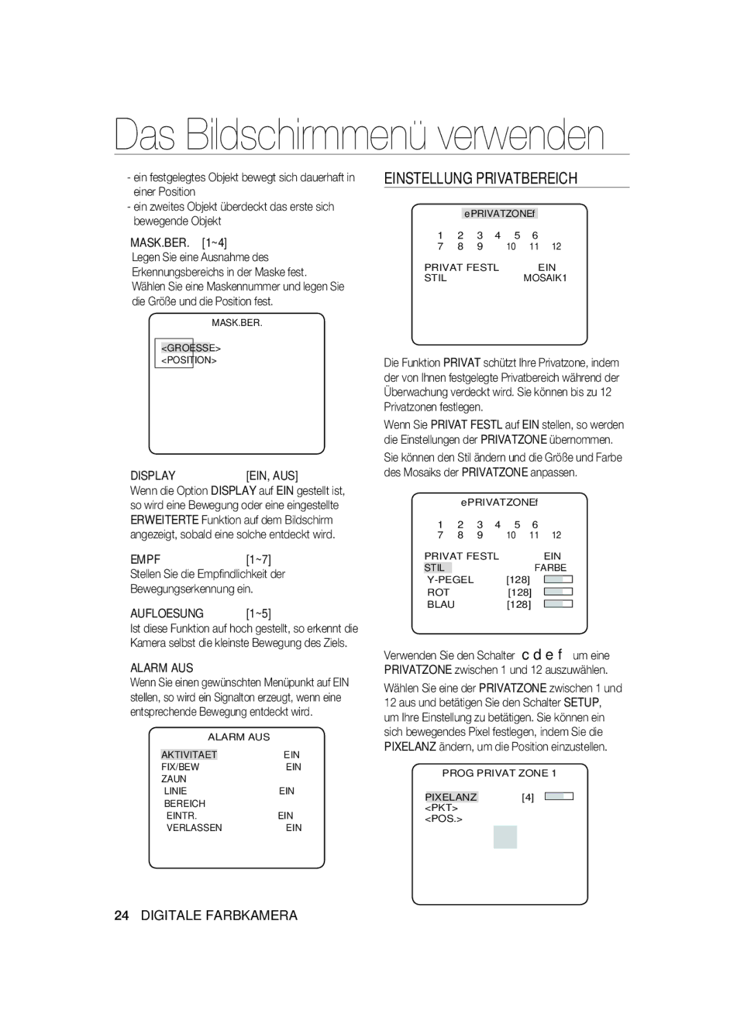 Samsung SCC-B2337P, SCC-B2037P manual Einstellung Privatbereich, Displayein, Aus, Empf, Aufloesung, Alarm AUS 