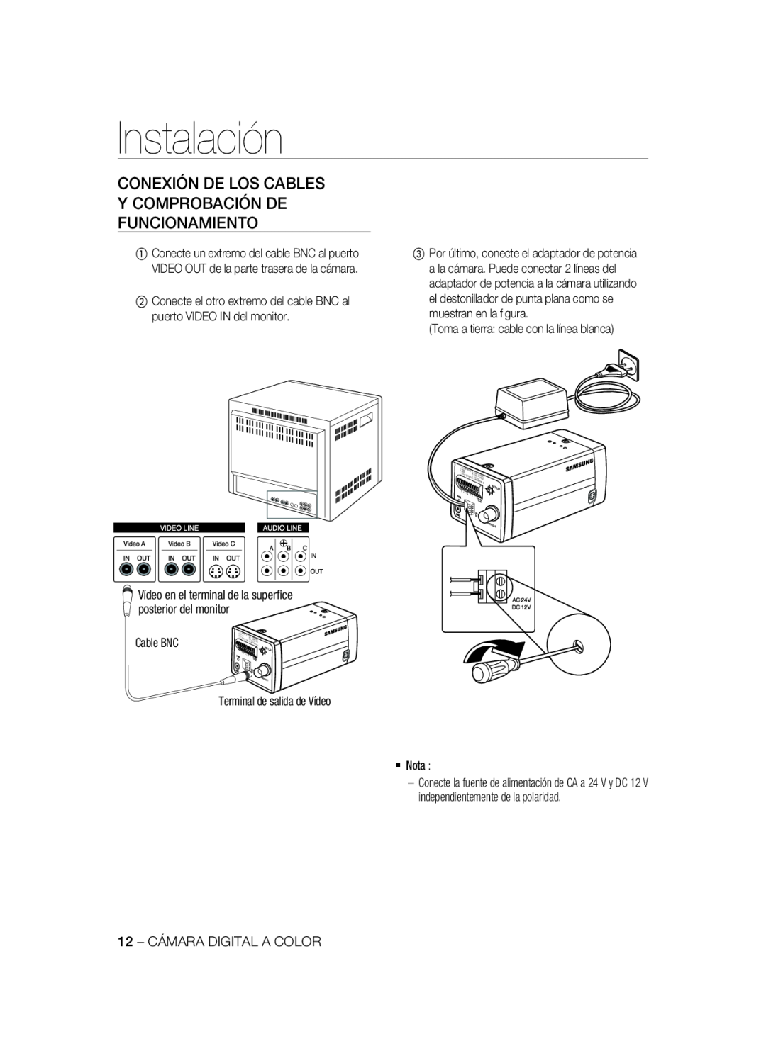 Samsung SCC-B2337P, SCC-B2037P manual Instalación, Conexión De Los Cables Y Comprobación De Funcionamiento 