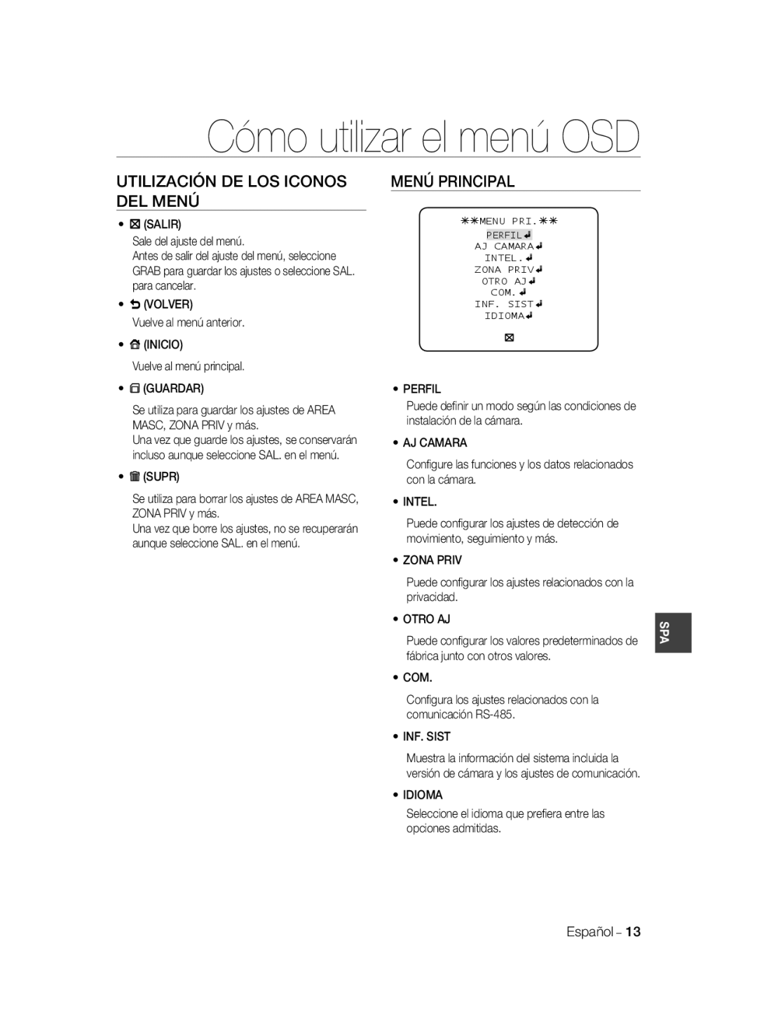 Samsung SCC-B2037P, SCC-B2337P manual Cómo utilizar el menú OSD, Utilización De Los Iconos Del Menú, Menú Principal 
