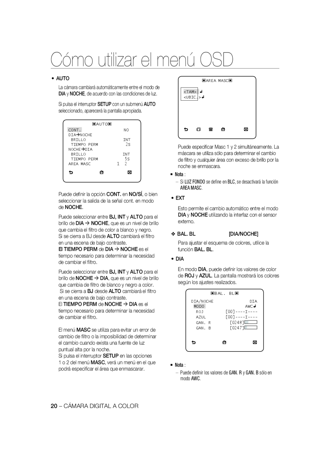 Samsung SCC-B2337P, SCC-B2037P manual Cómo utilizar el menú OSD, Si LUZ FONDO se deﬁne en BLC, se desactivará la función 