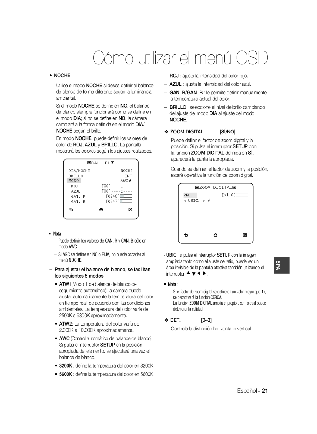 Samsung SCC-B2037P, SCC-B2337P manual Cómo utilizar el menú OSD, 3200K deﬁne la temperatura del color en 3200K 