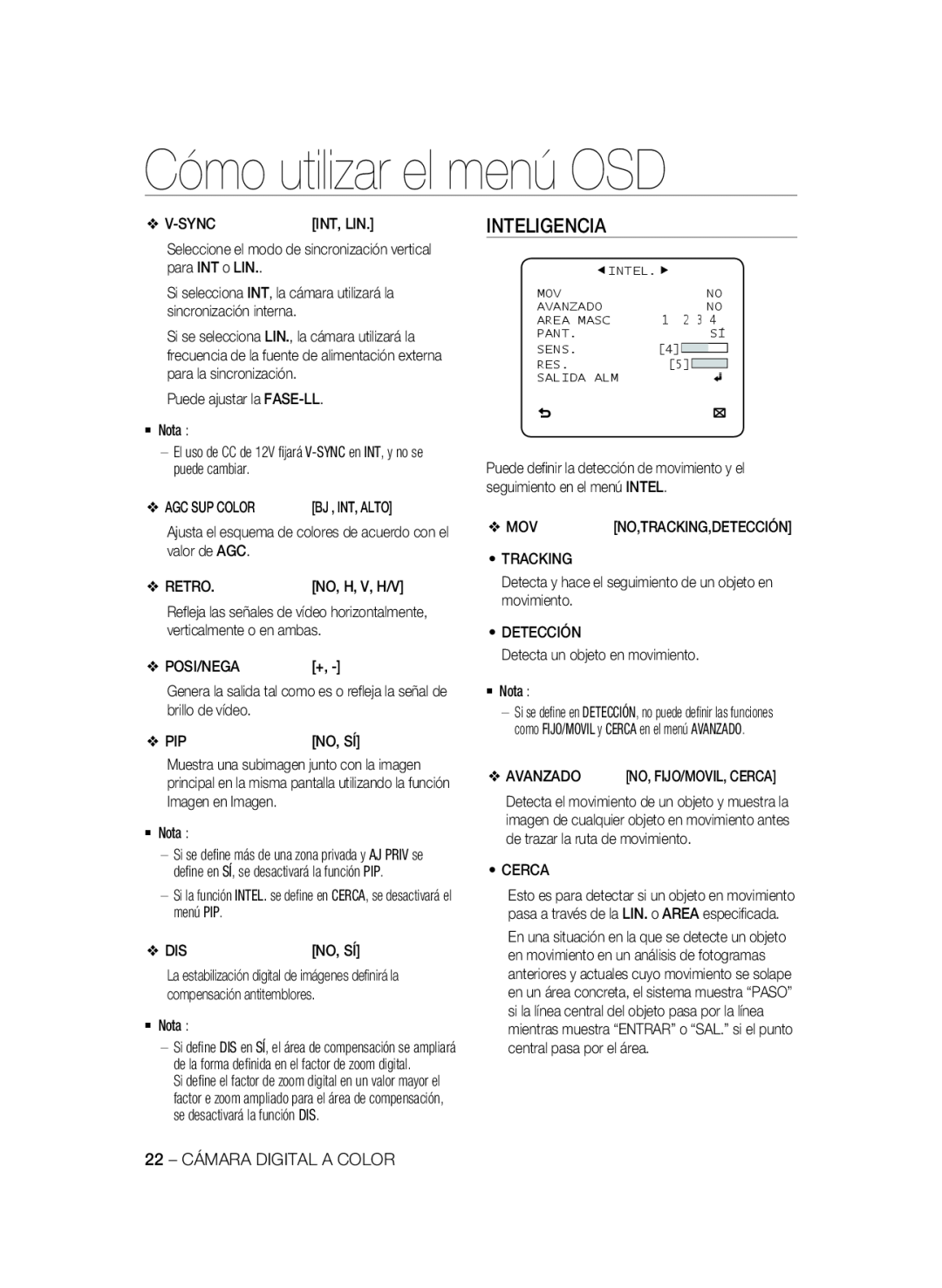 Samsung SCC-B2337P, SCC-B2037P manual Inteligencia, Cómo utilizar el menú OSD 