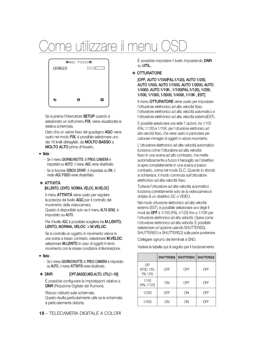 Samsung SCC-B2337P, SCC-B2037P manual Come utilizzare il menu OSD, ‹Agc Fisso‹ Livello 