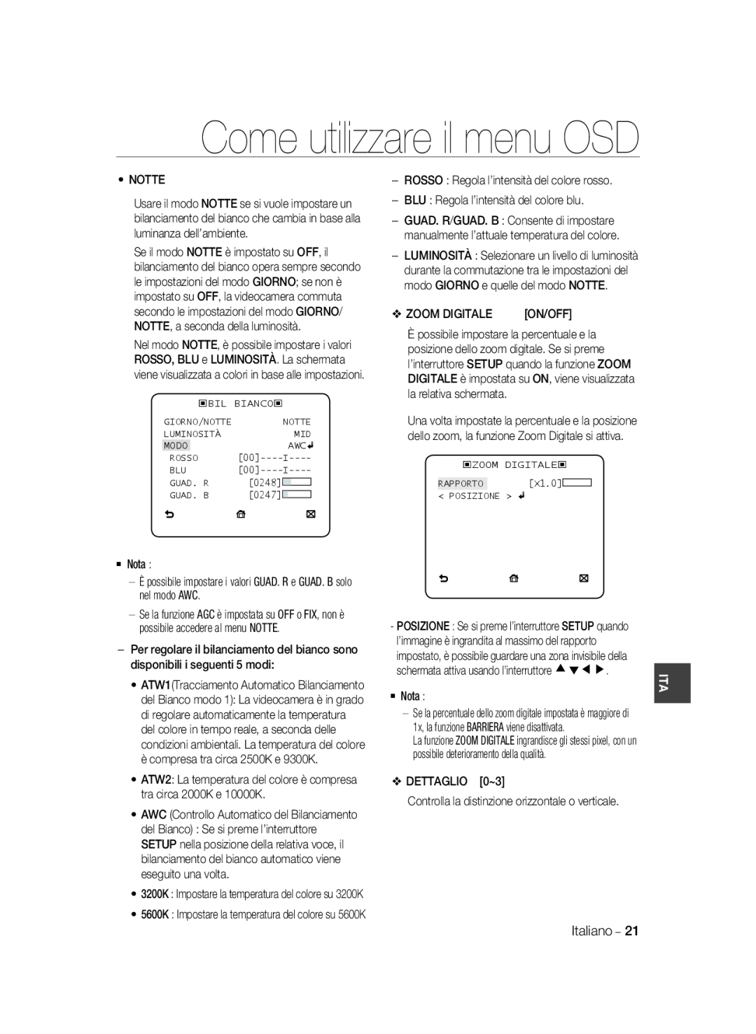 Samsung SCC-B2037P, SCC-B2337P manual Come utilizzare il menu OSD, POSIZIONE Se si preme l’interruttore SETUP quando 