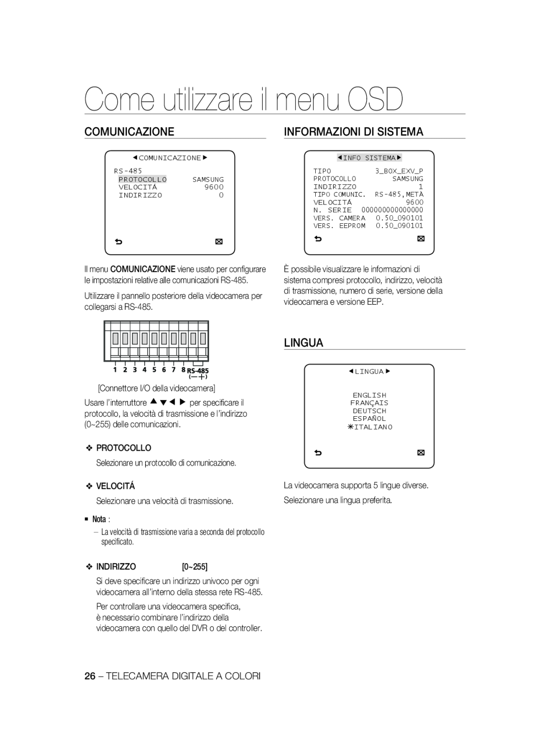 Samsung SCC-B2337P, SCC-B2037P manual Lingua, Comunicazione, Informazioni Di Sistema, Come utilizzare il menu OSD 