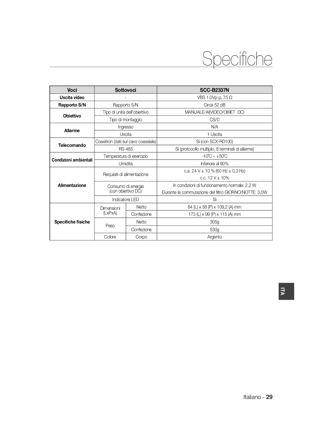 Samsung SCC-B2037P, SCC-B2337P manual Sottovoci, SCC-B2337N, Alimentazione, Speciﬁche ﬁsiche 