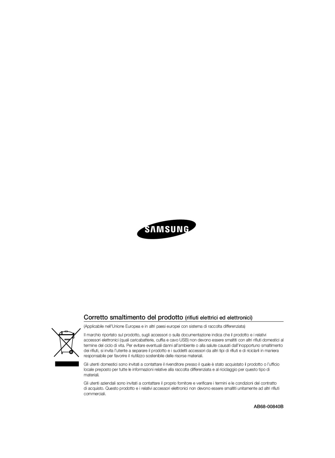 Samsung SCC-B2337P, SCC-B2037P manual Corretto smaltimento del prodotto rifiuti elettrici ed elettronici, AB68-00840B 