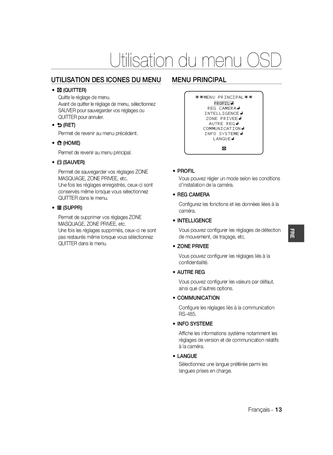 Samsung SCC-B2037P, SCC-B2337P manual Utilisation du menu OSD, Utilisation Des Icones Du Menu Menu Principal 