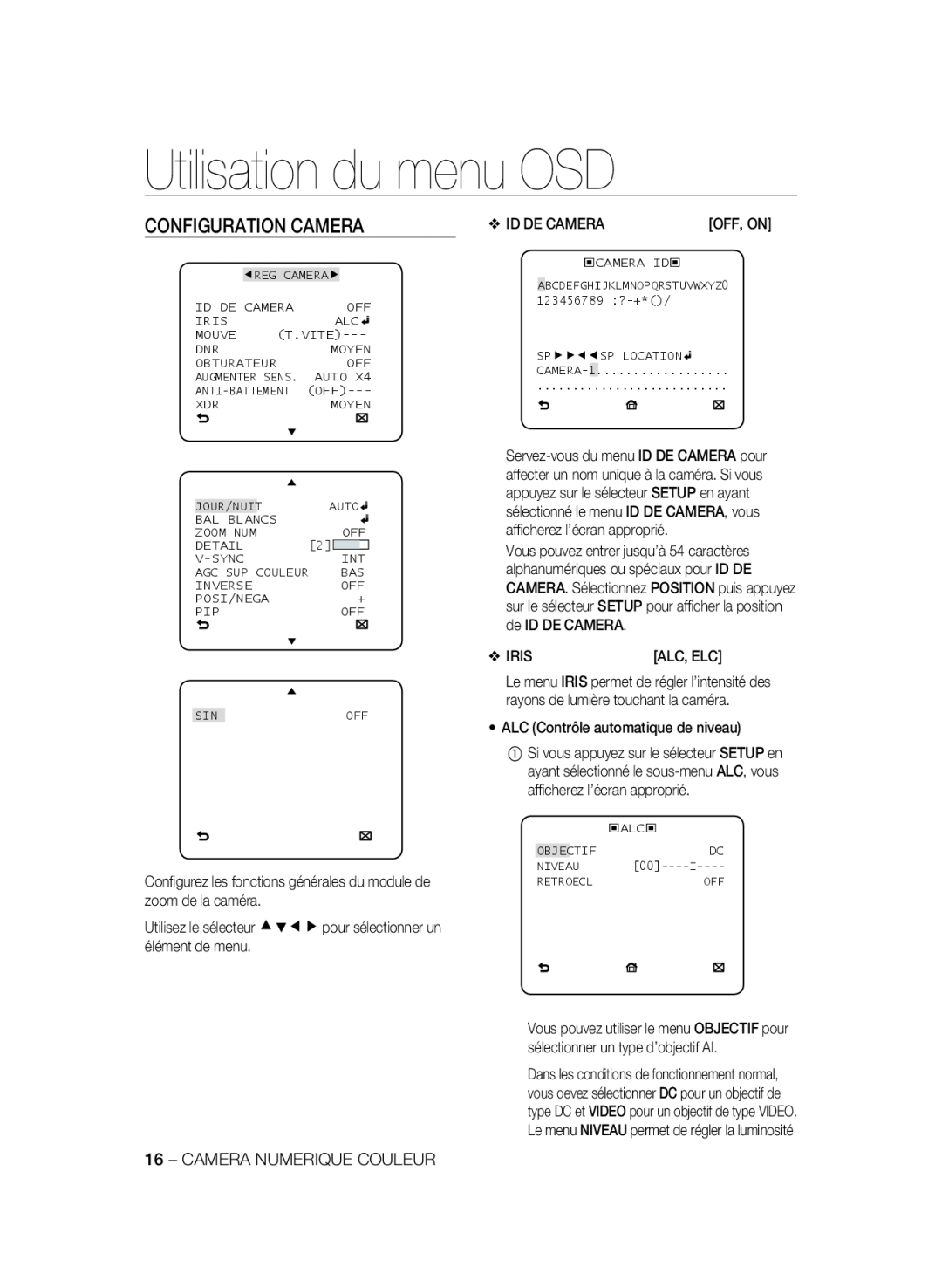 Samsung SCC-B2337P, SCC-B2037P manual Configuration Camera, Utilisation du menu OSD 