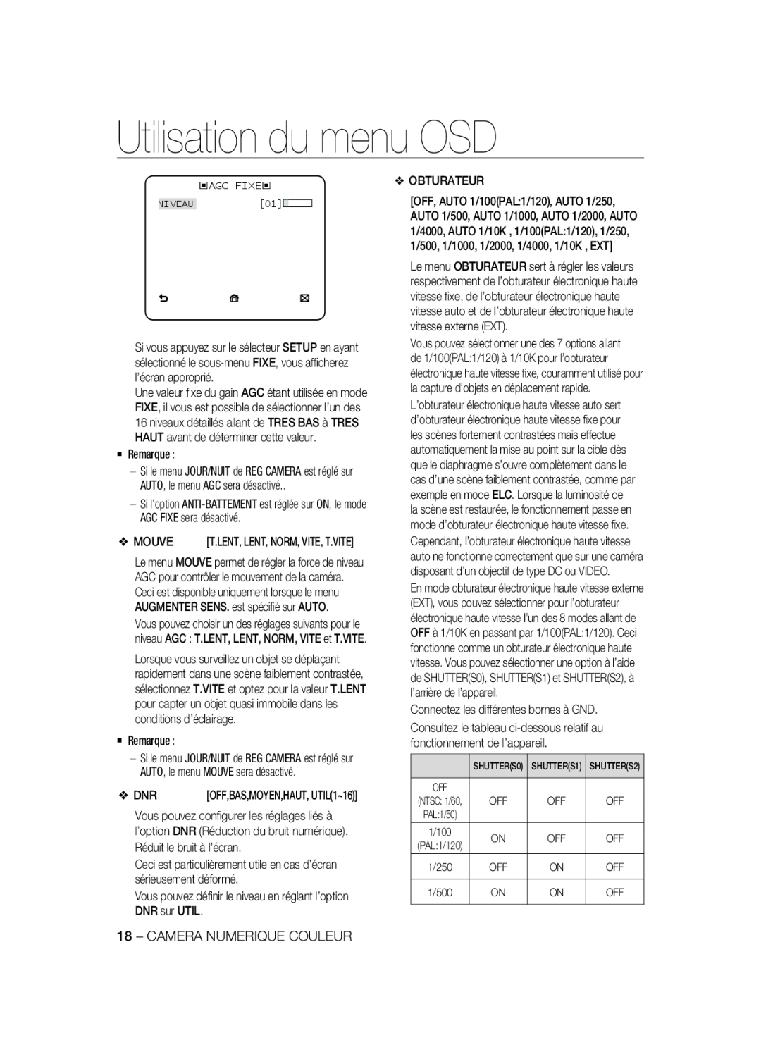 Samsung SCC-B2337P, SCC-B2037P manual Utilisation du menu OSD, ‹AGC FIXE‹ NIVEAU01 