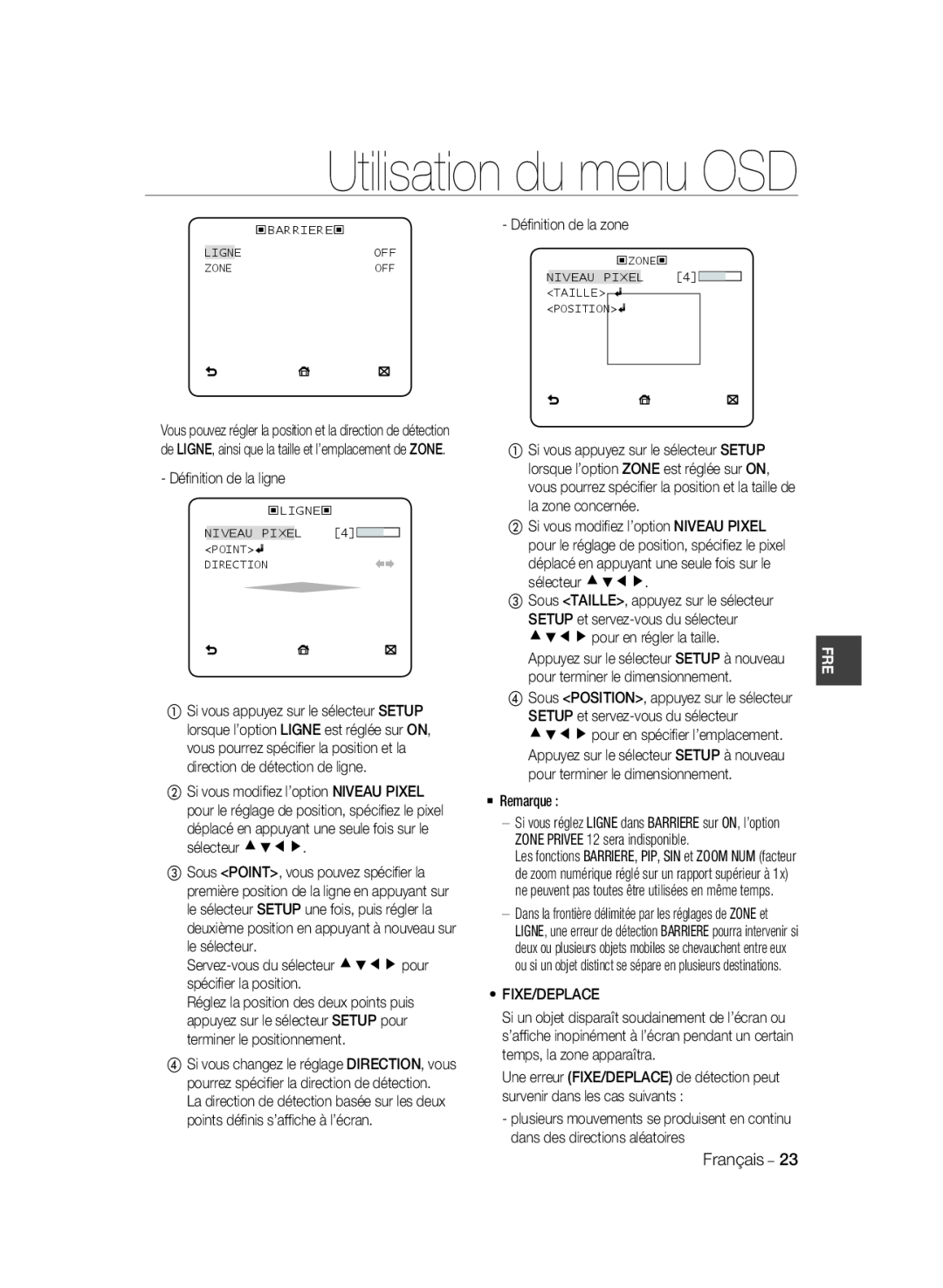 Samsung SCC-B2037P, SCC-B2337P manual Utilisation du menu OSD, Si vous réglez LIGNE dans BARRIERE sur ON, l’option 