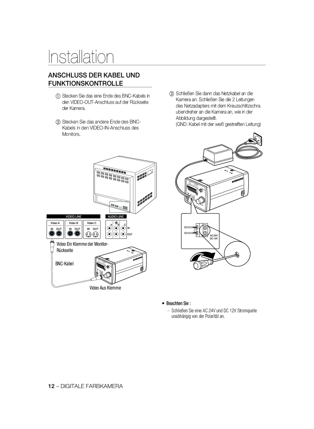Samsung SCC-B2337P, SCC-B2037P manual Anschluss Der Kabel Und Funktionskontrolle, Installation 